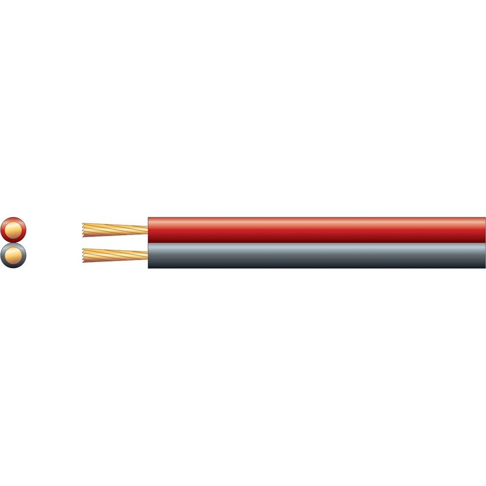 Cable de dos conductores con hilos de cobre expuestos, aislamiento rojo y gris.