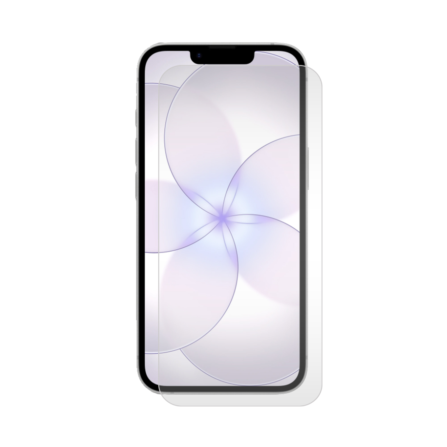 Een zilveren smartphone met een screenprotector, witte achtergrond.
