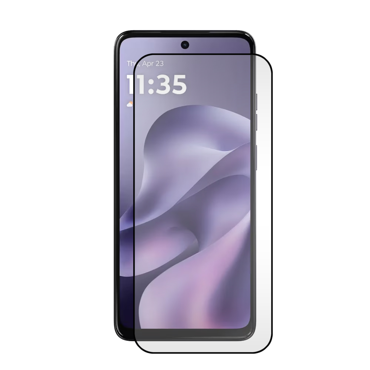 Un smartphone avec un protecteur d'écran et un fond d'écran abstrait violet.