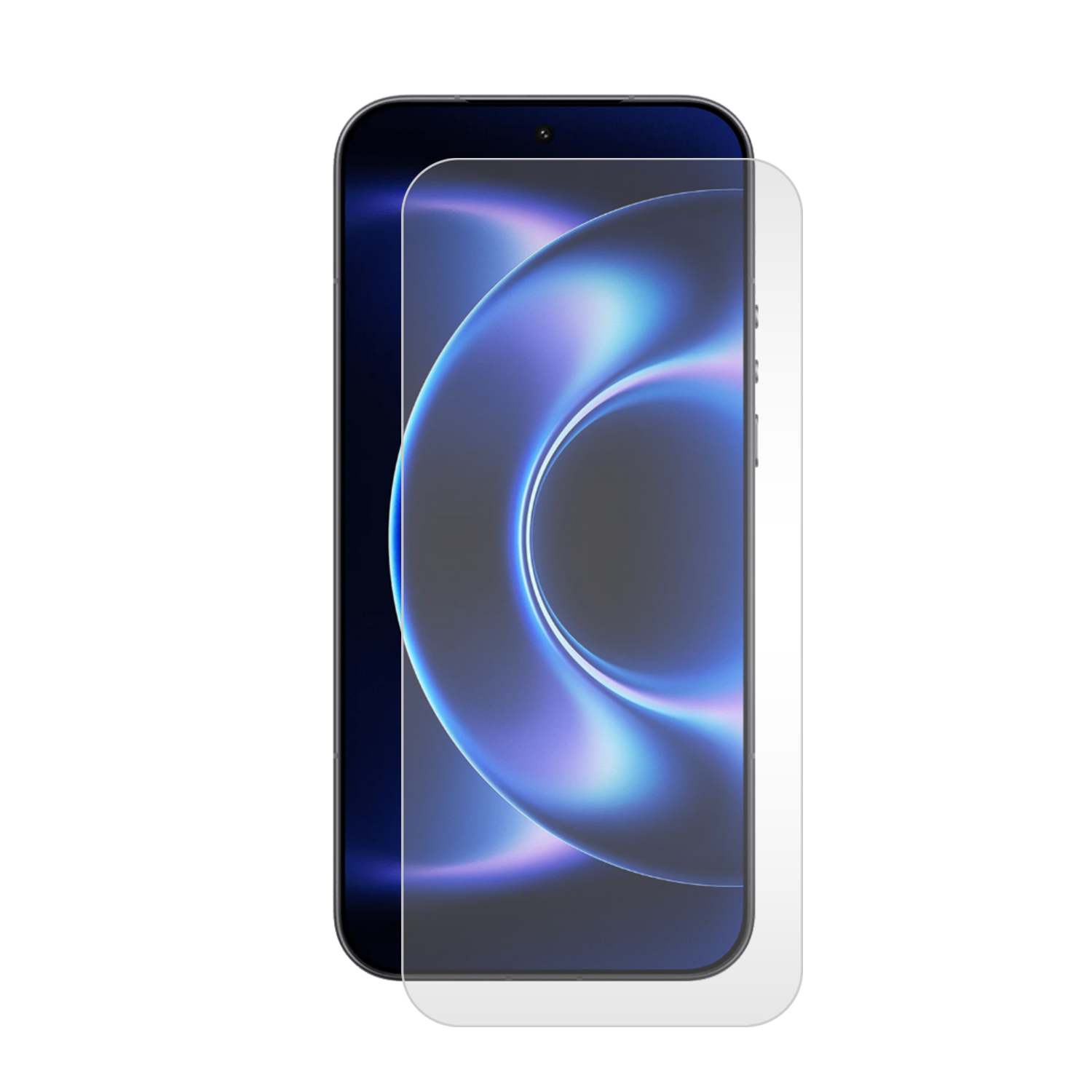Een smartphone met een schermprotector. De achtergrond is wit.
