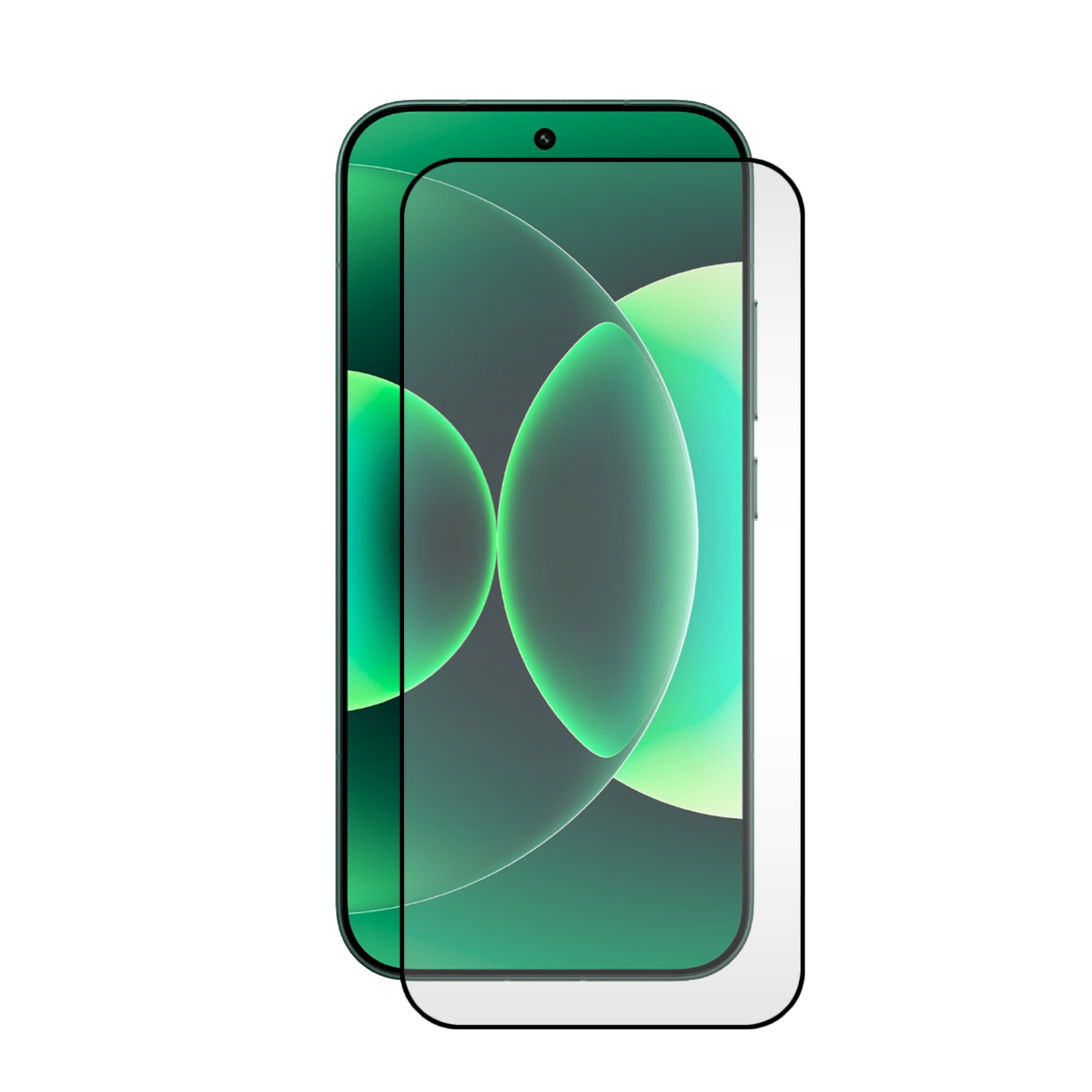 Un smartphone avec un protecteur d'écran. L'écran affiche des formes vertes.