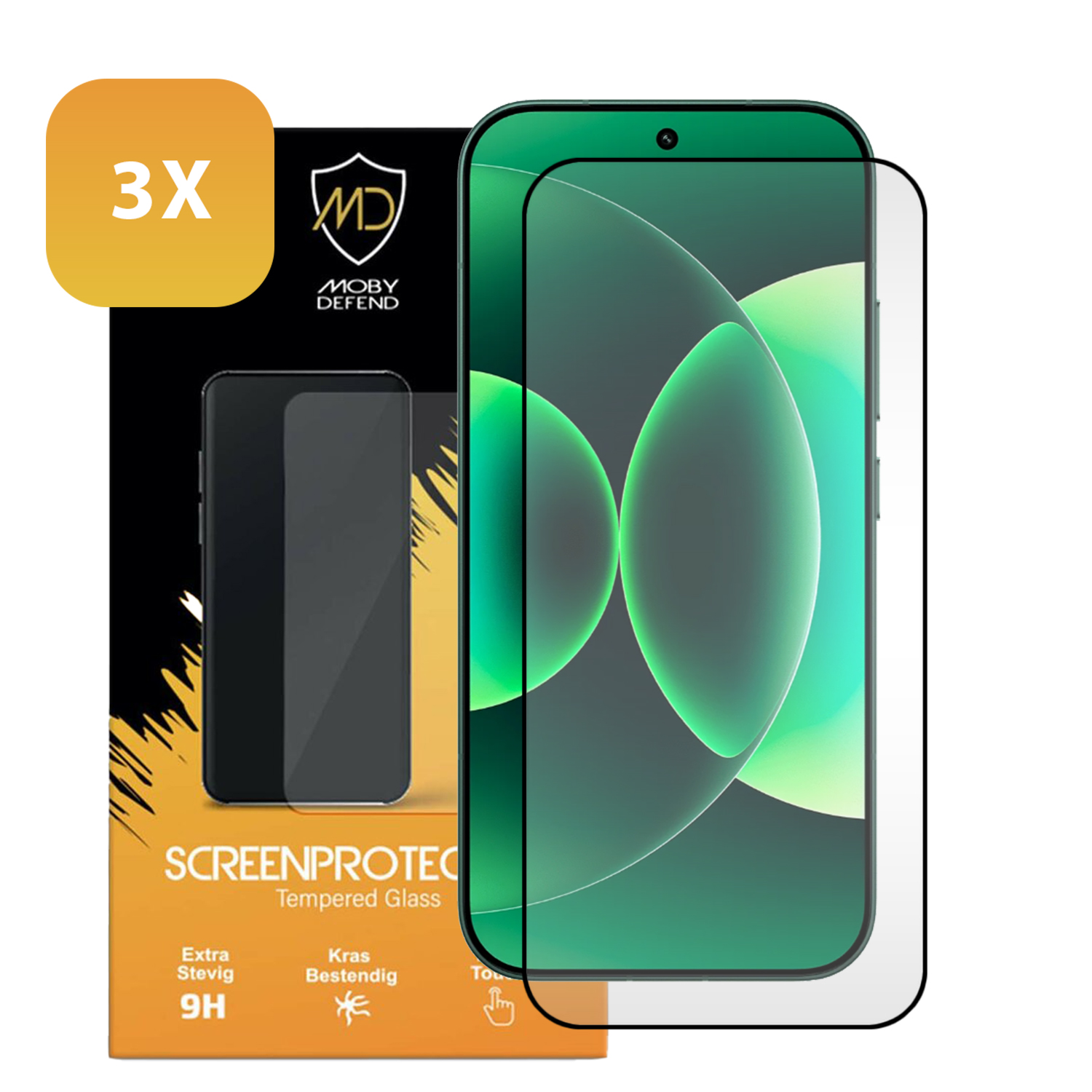 Verpakking voor 3 gehard glazen screenprotectors voor smartphone.
