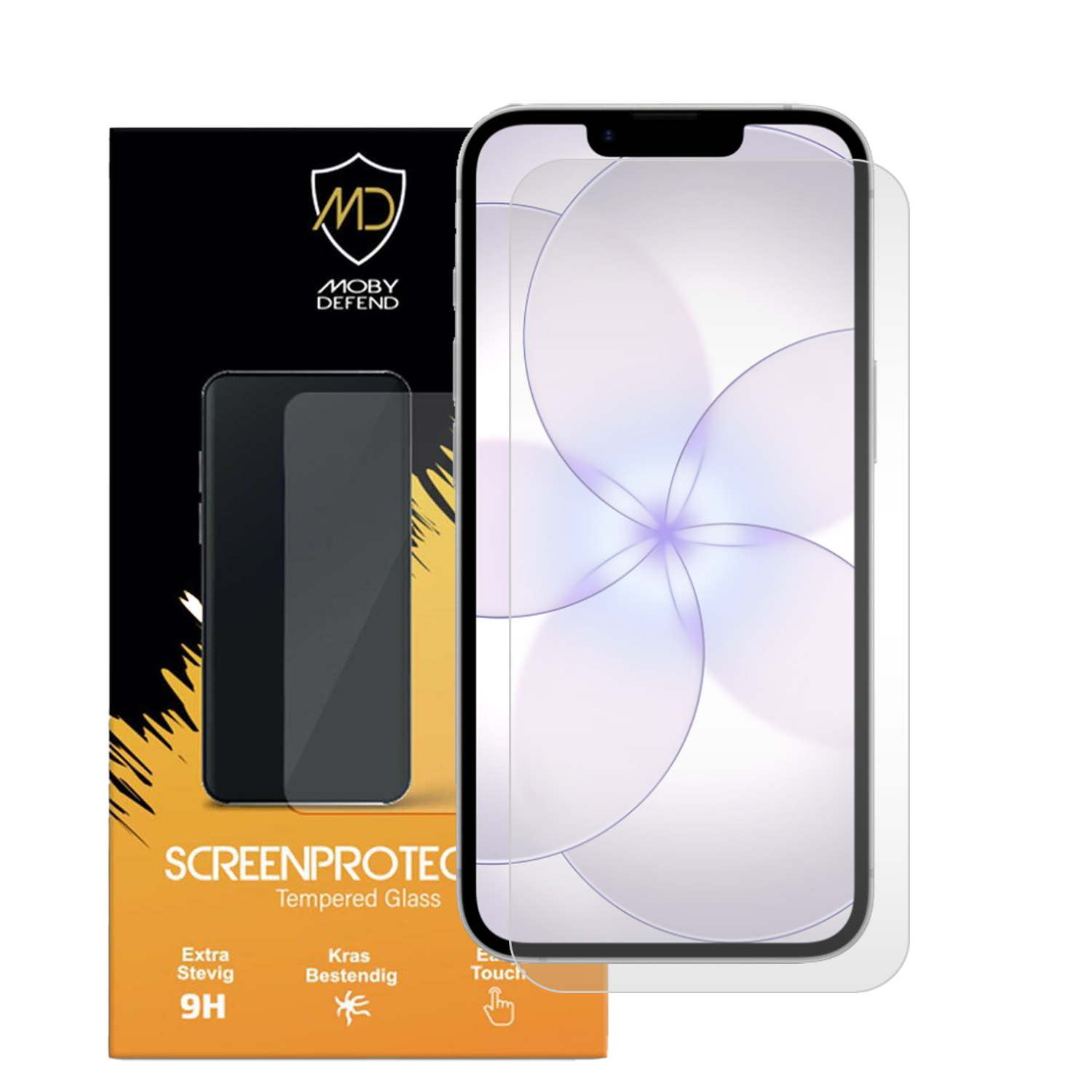 Verpakking voor screenprotector met telefoonafbeelding en protector ernaast.