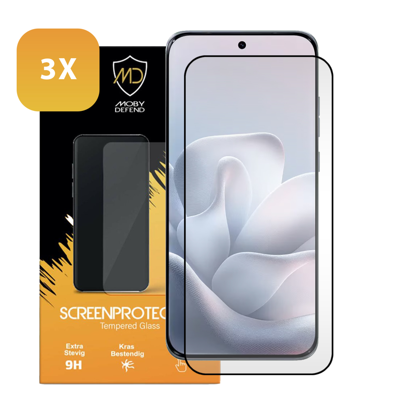 Verpakking voor schermprotector met 3x opdruk en een beschermde smartphone.