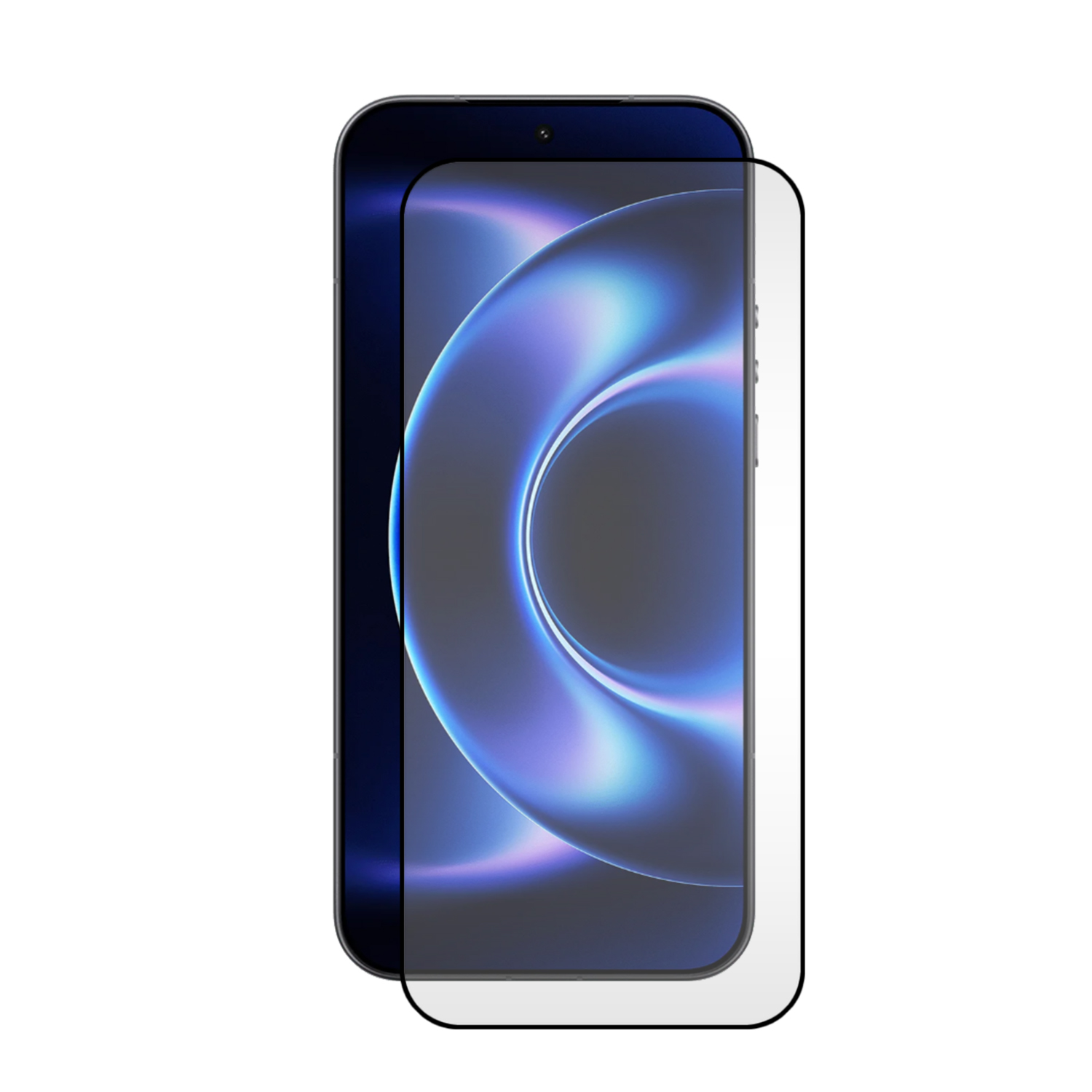 Een smartphone met schermprotector. Het scherm toont een blauw abstract patroon.