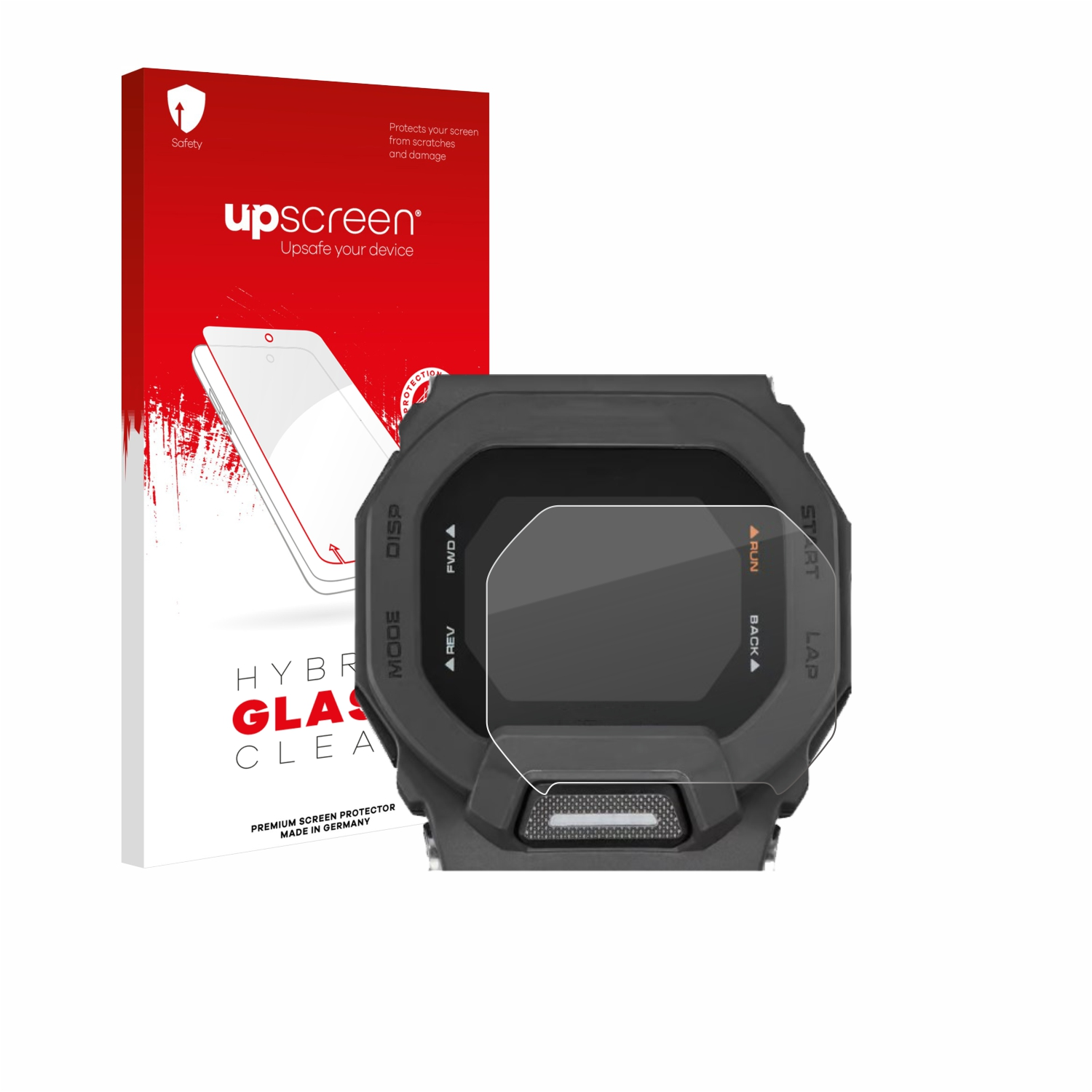 Ein schwarzes Smartwatch-Display mit angebrachter Schutzfolie und Verpackung.
