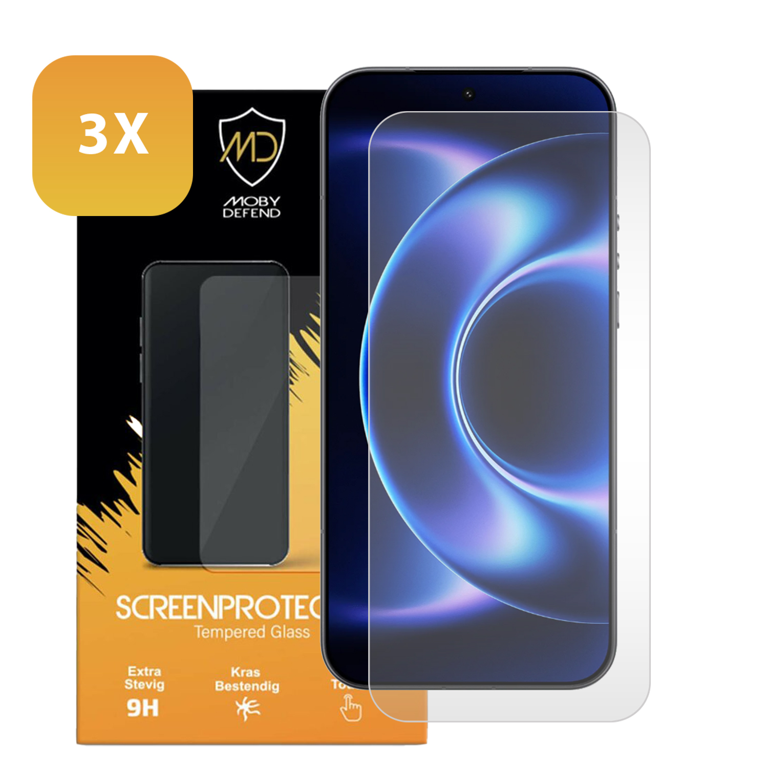 Verpakking voor 3 schermbeschermers met één beschermer op een smartphone.