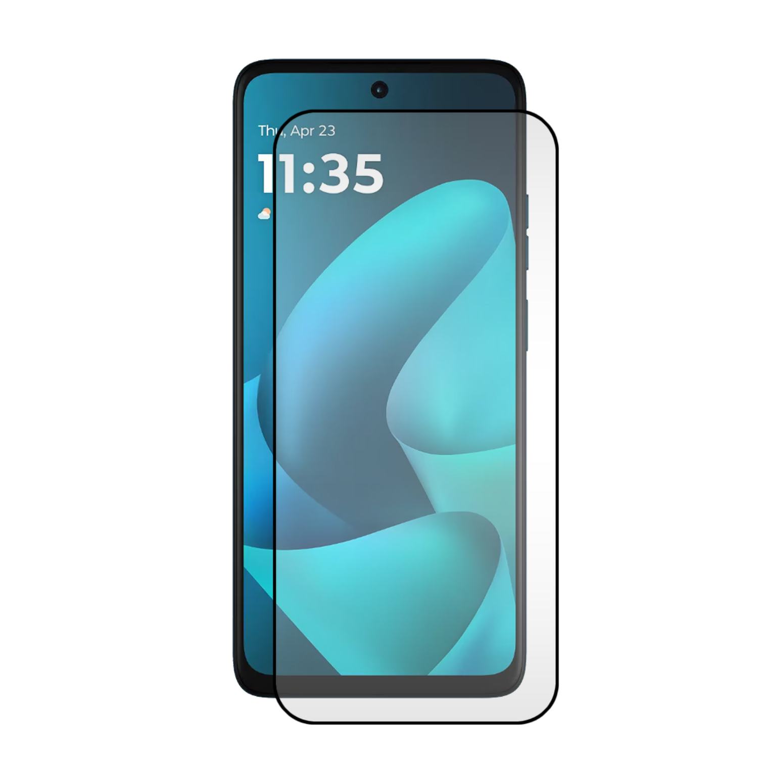 Een smartphone met een schermprotector en abstracte achtergrond.