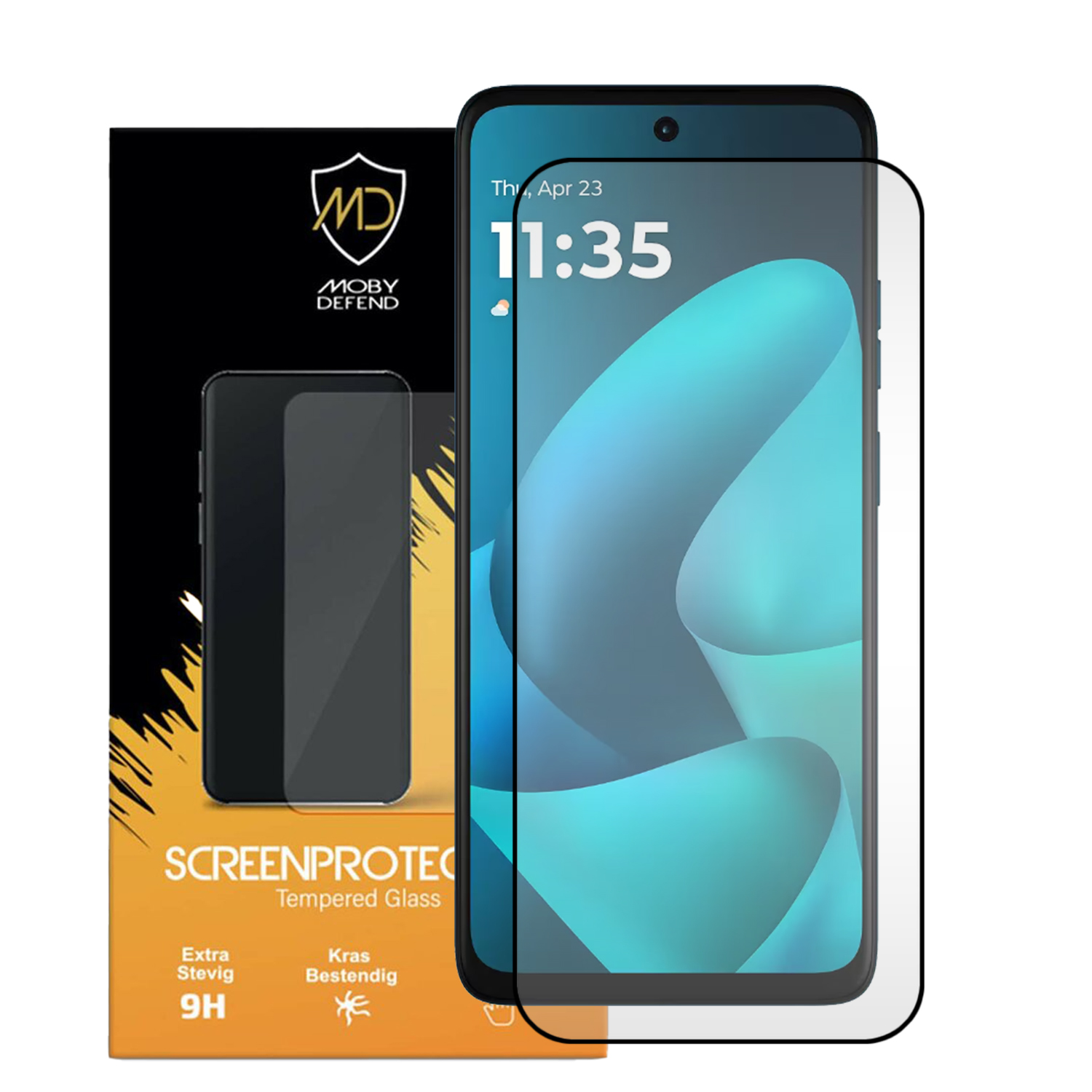 Verpakking voor schermprotector met smartphone die de tijd toont.