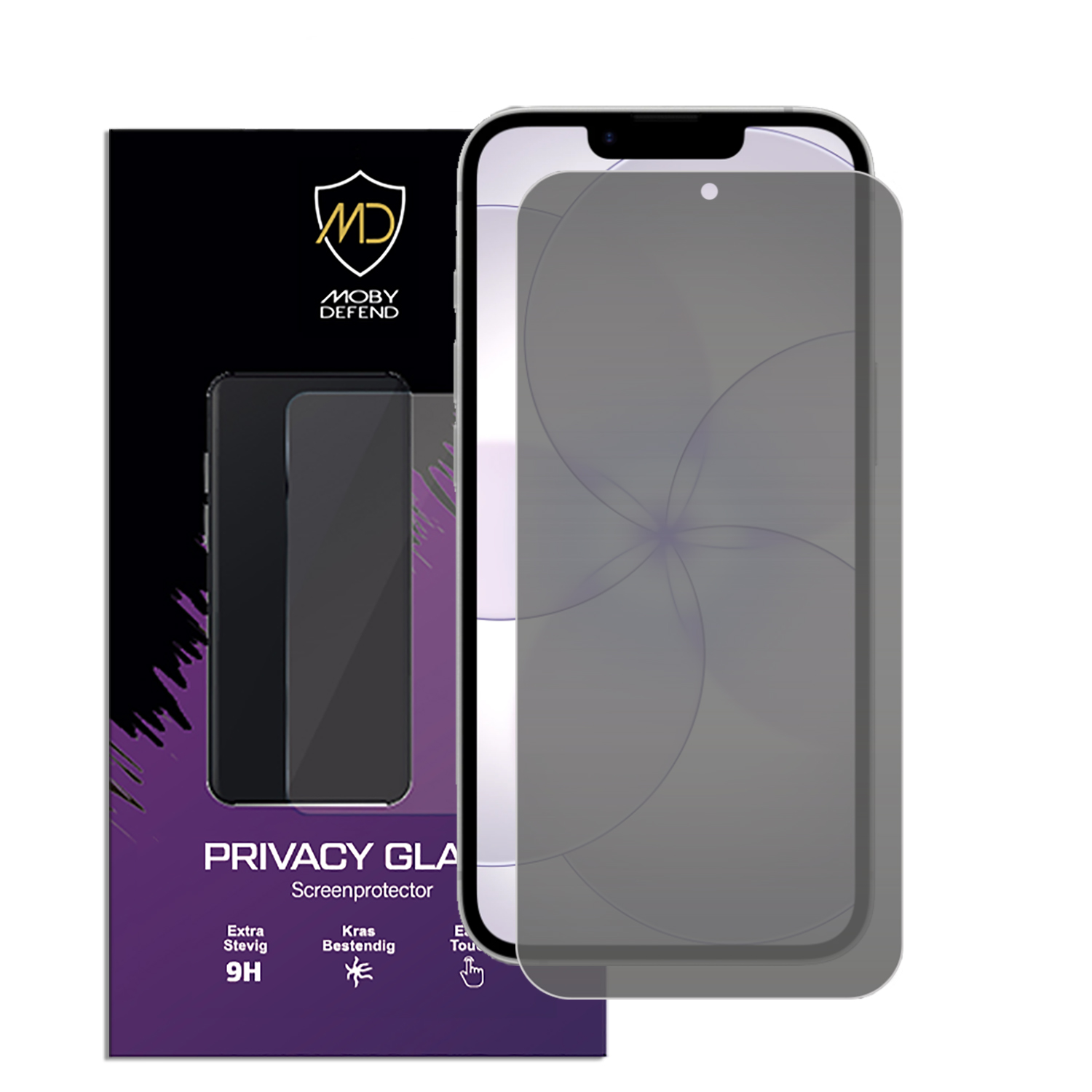 Verpakking met Moby Defend privacy screenprotector voor smartphone.