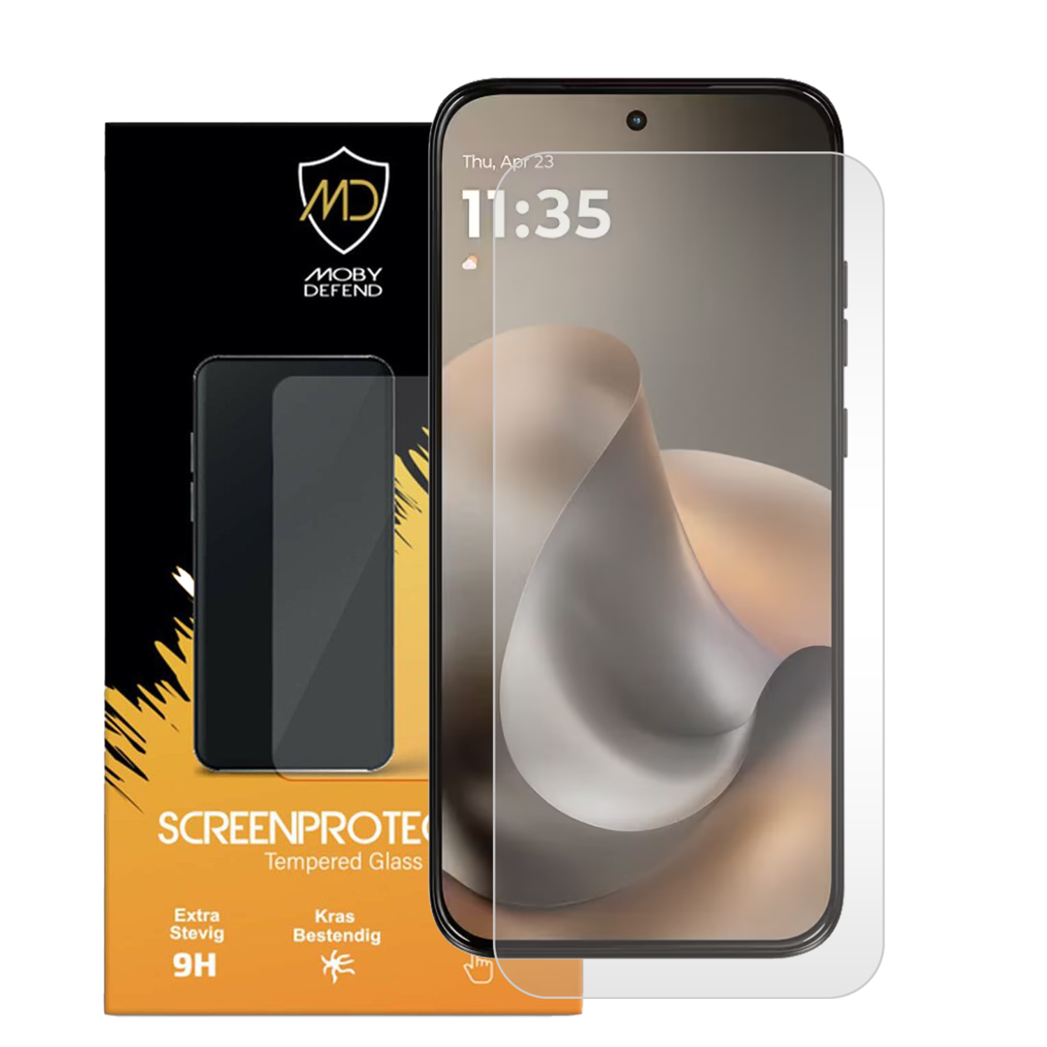 Emballage de protecteur d'écran Moby Defend à côté d'un smartphone affichant 11:35.