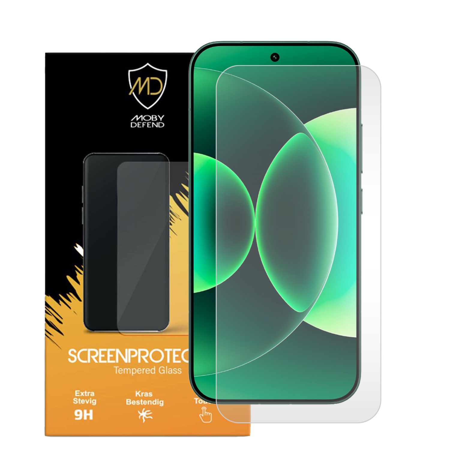 Verpakking voor gehard glas screenprotector met een smartphone scherm.