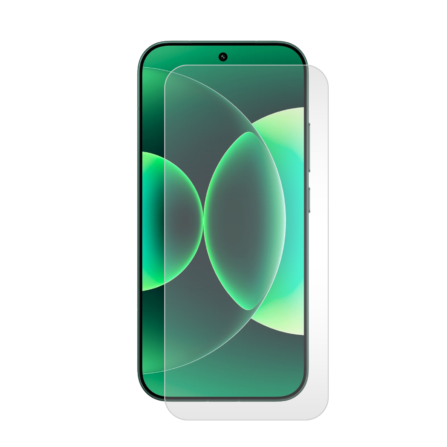 Een smartphone met een transparante schermprotector. Groen en wit.
