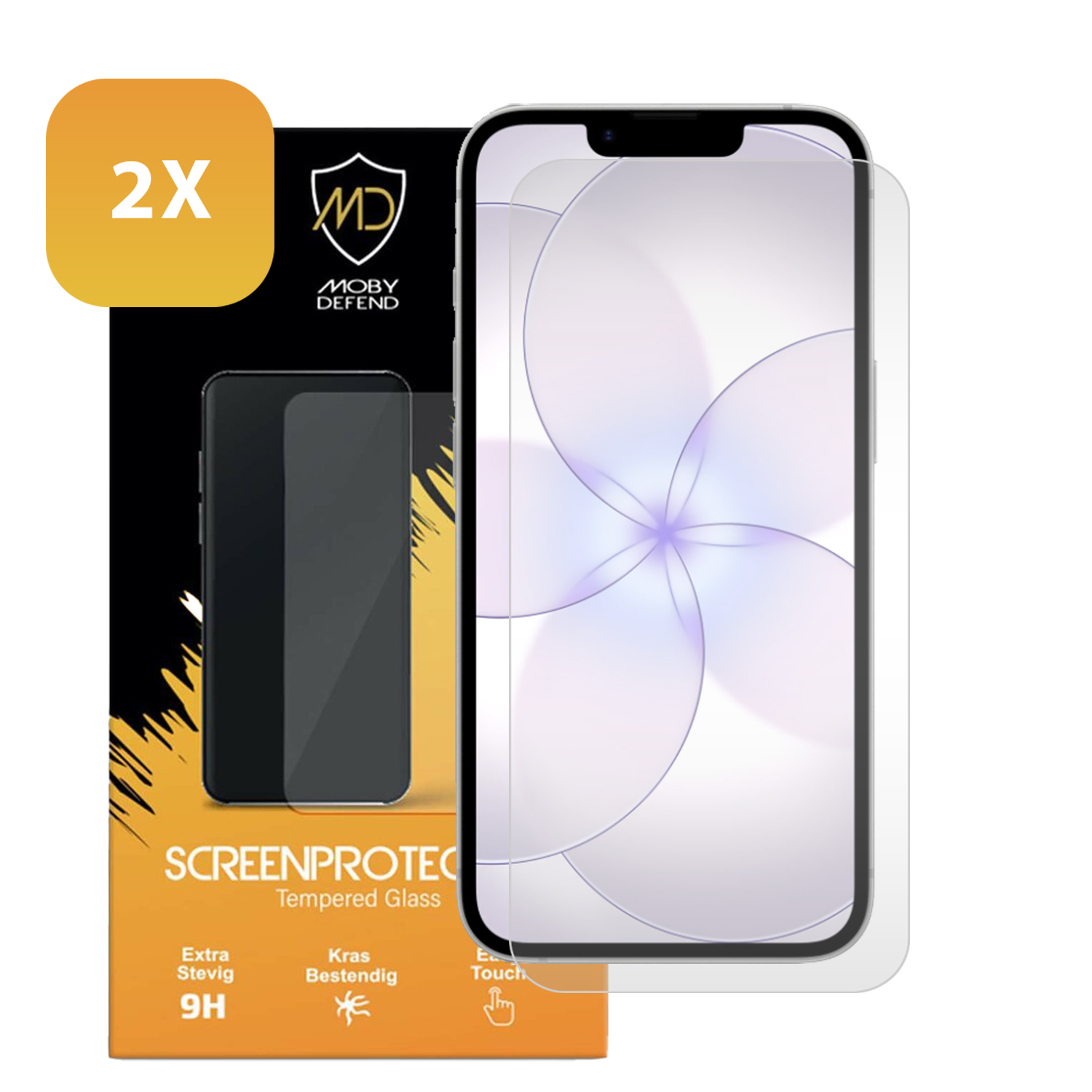 Twee screenprotectors voor smartphones op verpakking met Moby Defend logo.