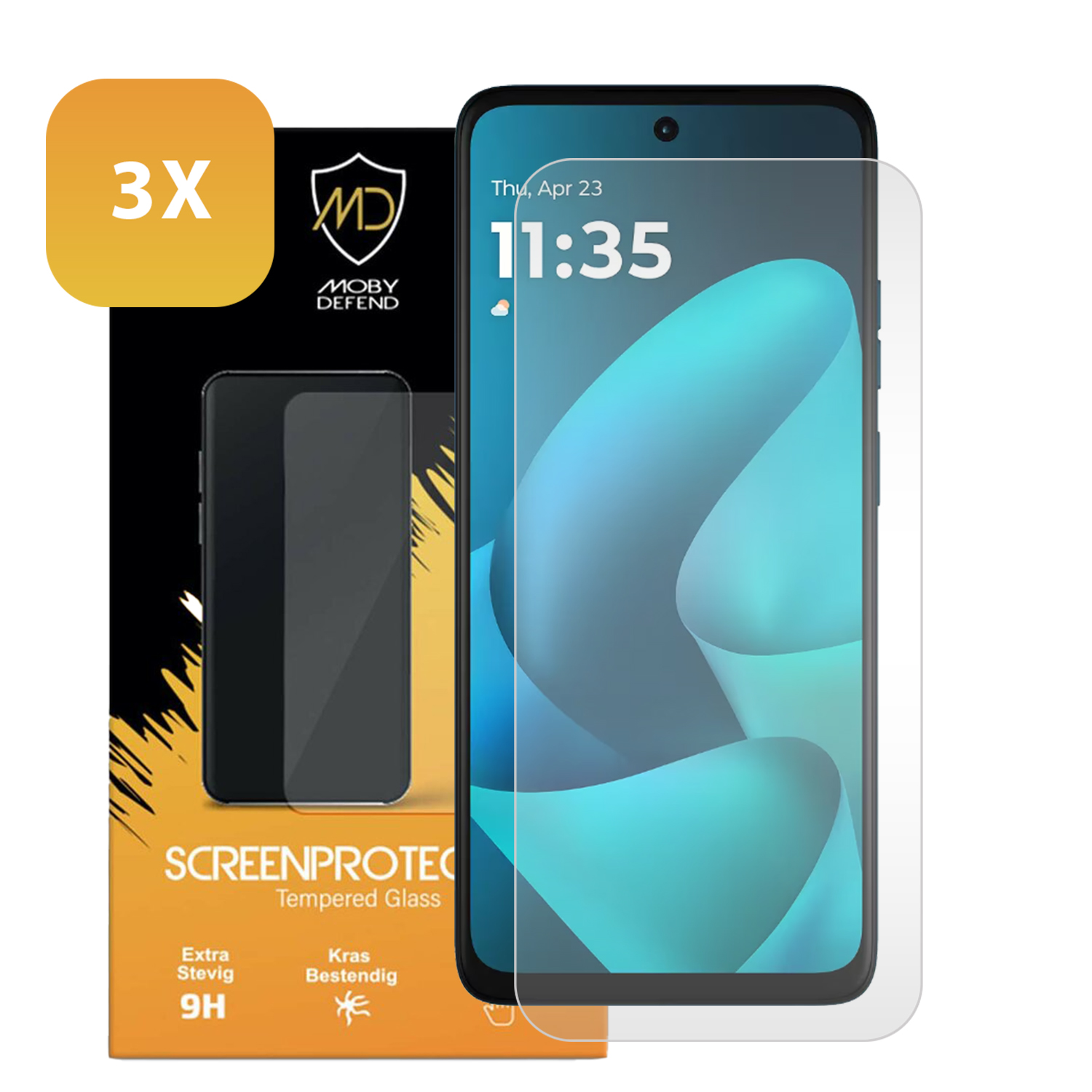 Lot de 3 protecteurs d'écran en verre trempé Moby Defend pour smartphone.