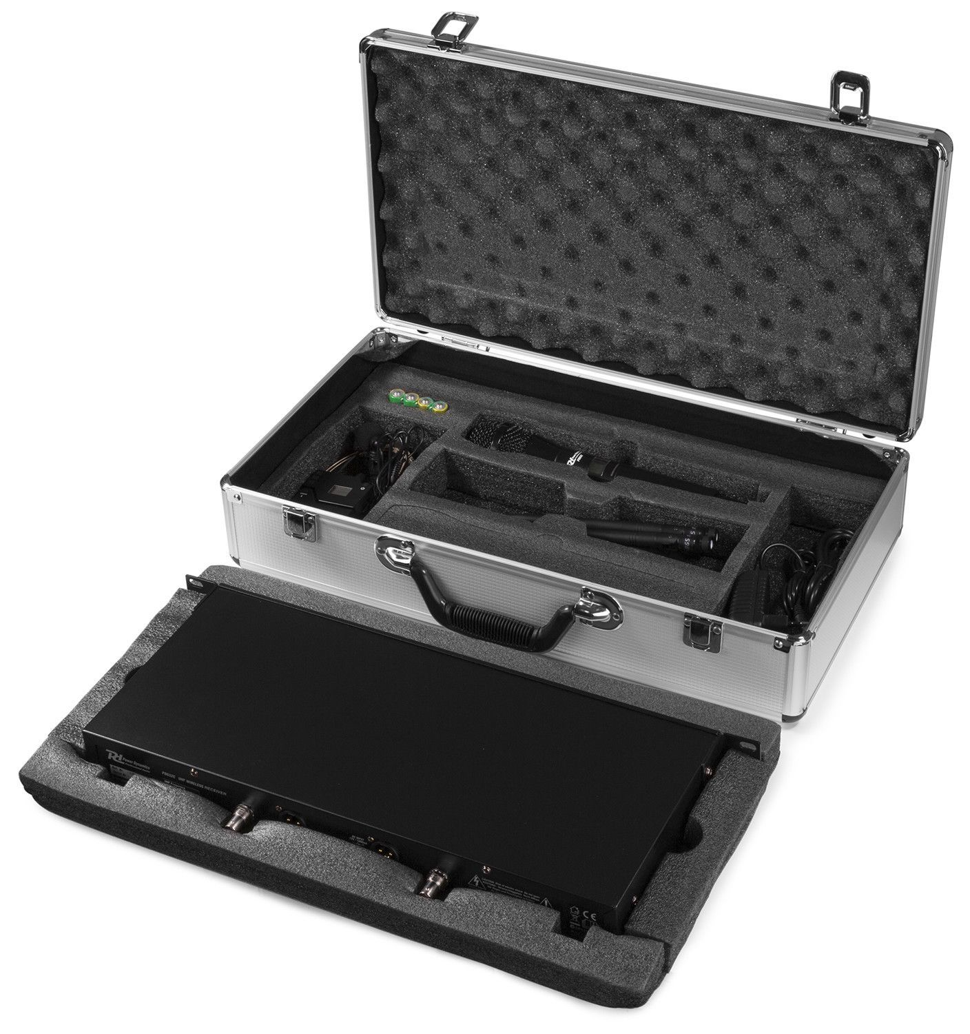 A silver case with black foam inlay, containing a wireless receiver and microphones.