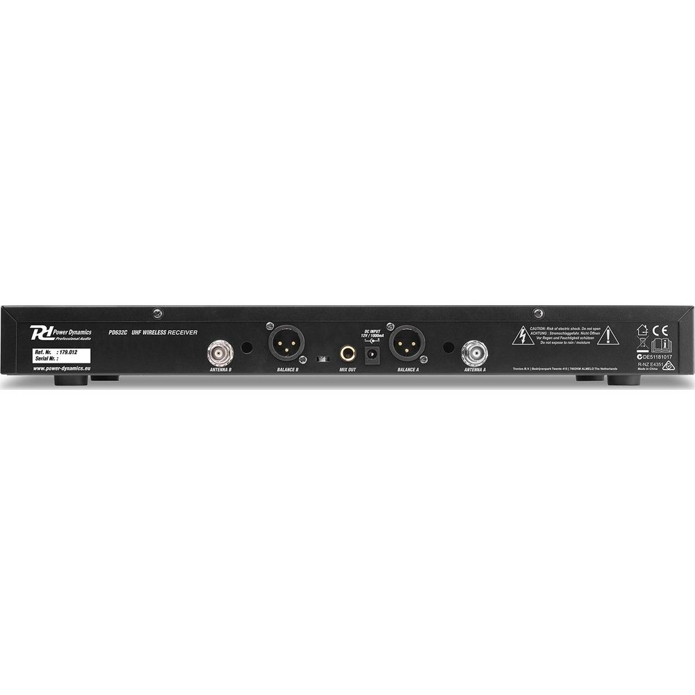 Rear view of a black Power Dynamics PD632C UHF wireless receiver with connectors.