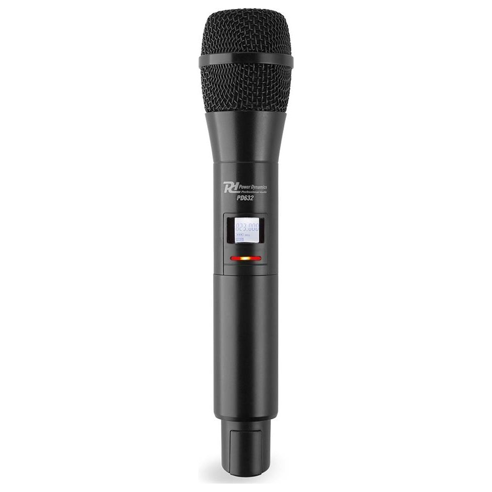 Black microphone with a black grille head, LCD display, and red light indicator.