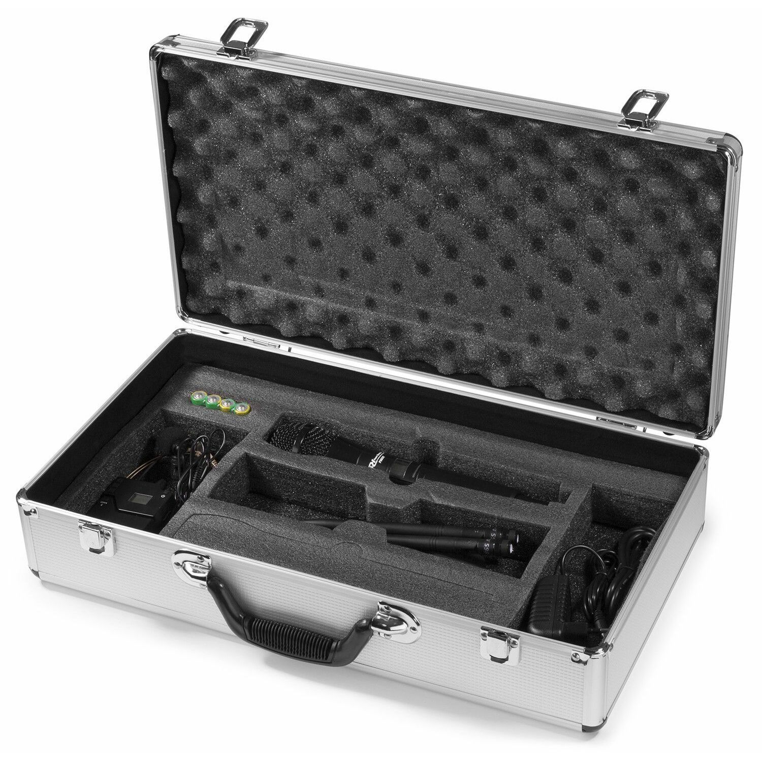 Open silver case with foam insert, two microphones, cables, and batteries.