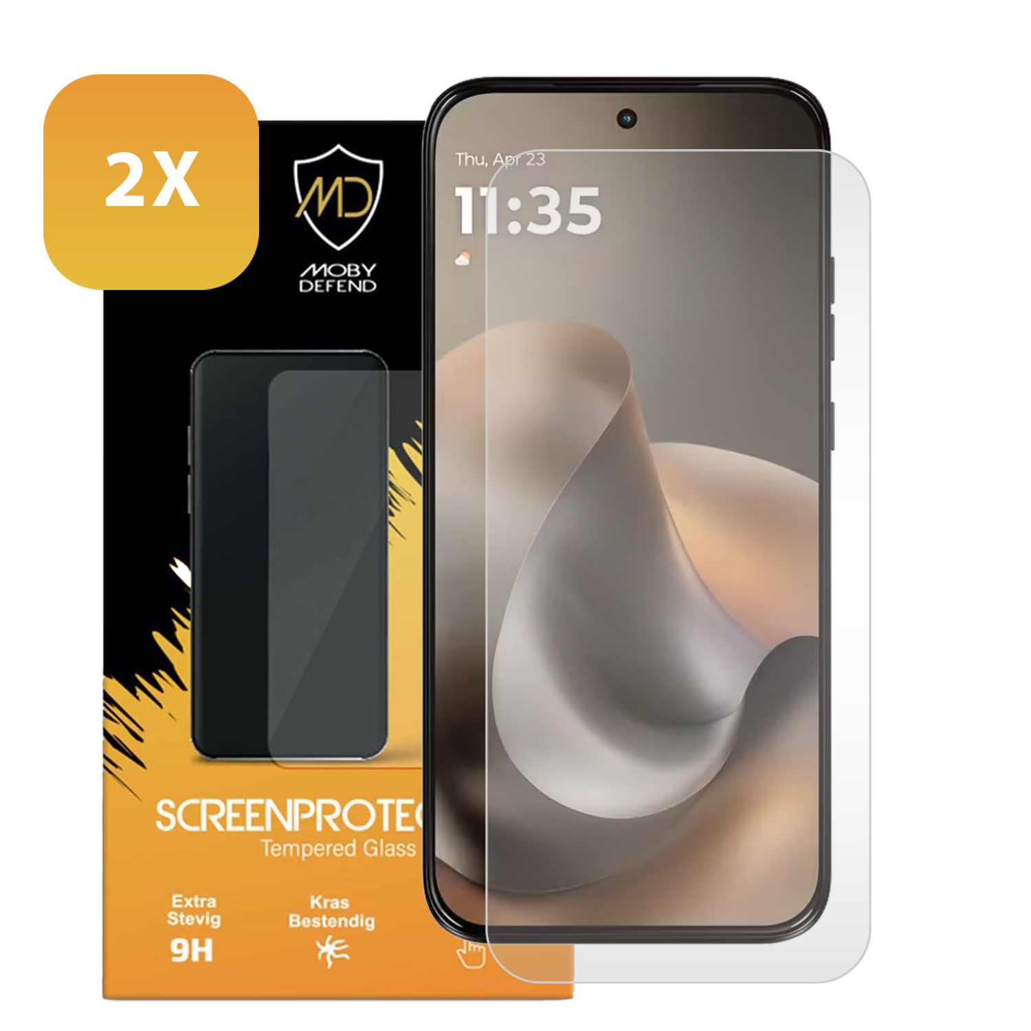 Deux protecteurs d'écran pour smartphone, emballés avec illustration de téléphone et logo Moby Defend.