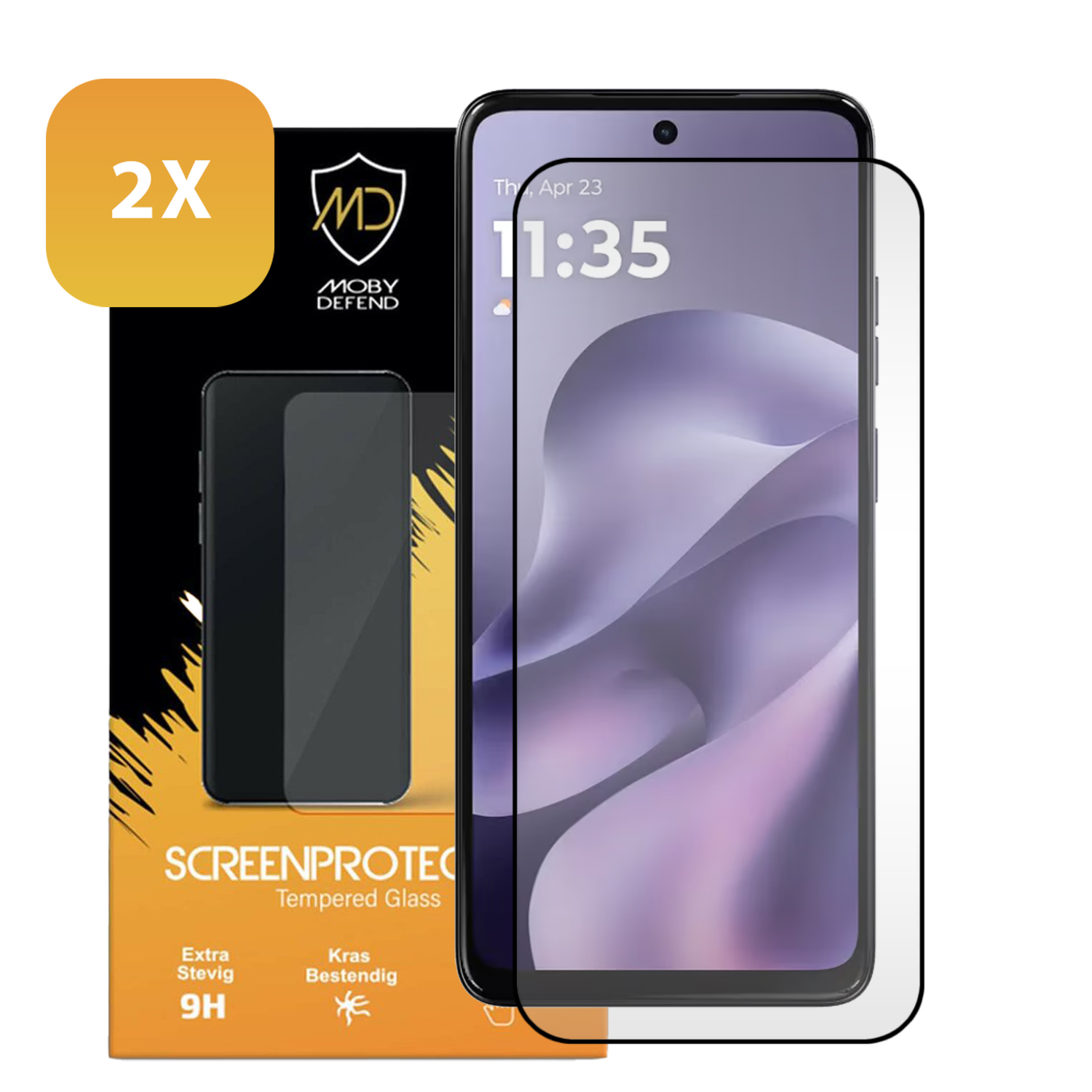 Emballage avec protecteur d'écran pour smartphone, logo 2x, logo Moby Defend, dureté 9H.
