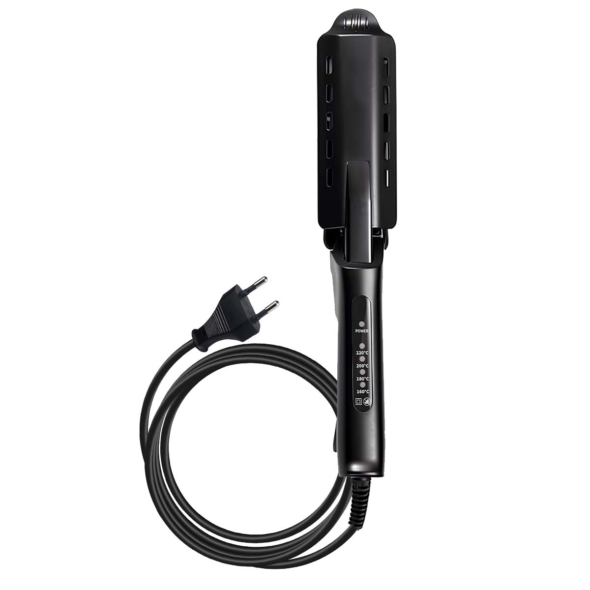 Schwarzer Glätteisen mit Kabel und Stecker, Temperaturregelung.