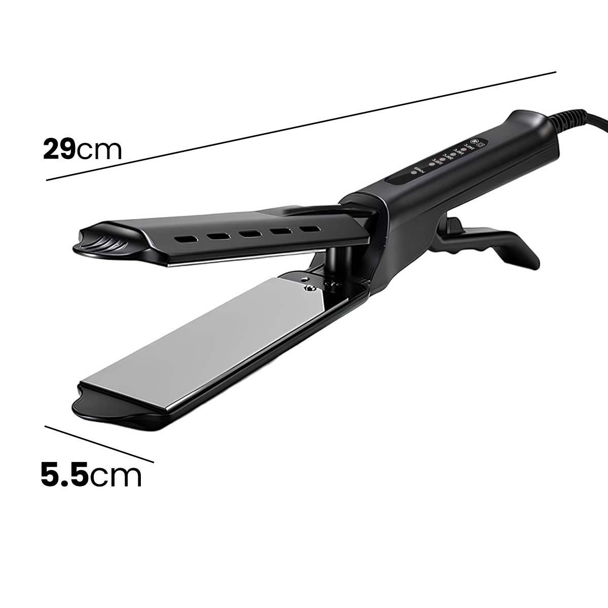 Ein schwarzer Haarglätter mit 29cm Länge und 5,5cm Breite.