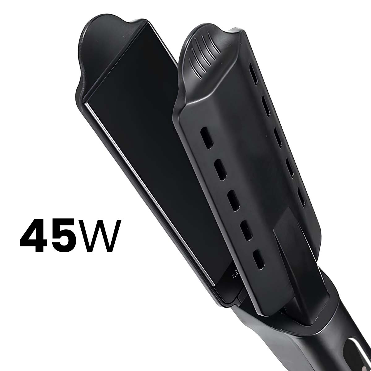 Ein schwarzer Haarglätter mit 45W Leistung.
