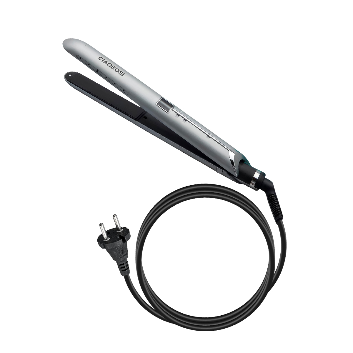 Ein silberner Haarglätter mit schwarzem Kabel und Stecker auf weißem Hintergrund.