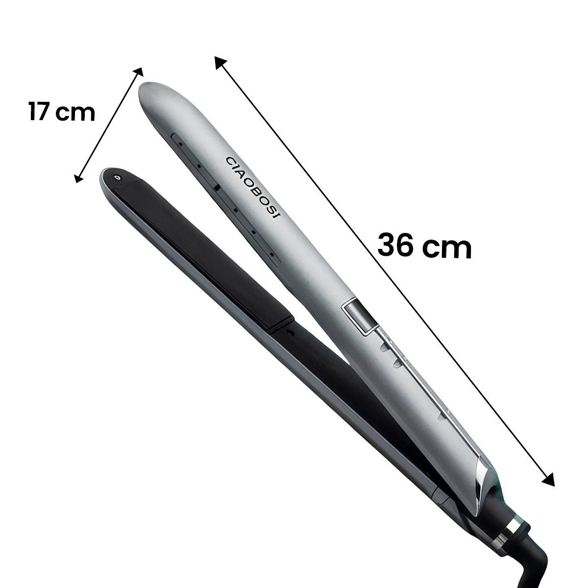 Silberner Glätteisen, 36 cm lang, 17 cm breit, mit schwarzen Platten.