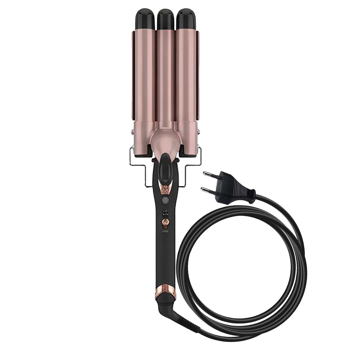 Ein roségoldener Dreifach-Lockenstab mit schwarzem Griff und Kabel.