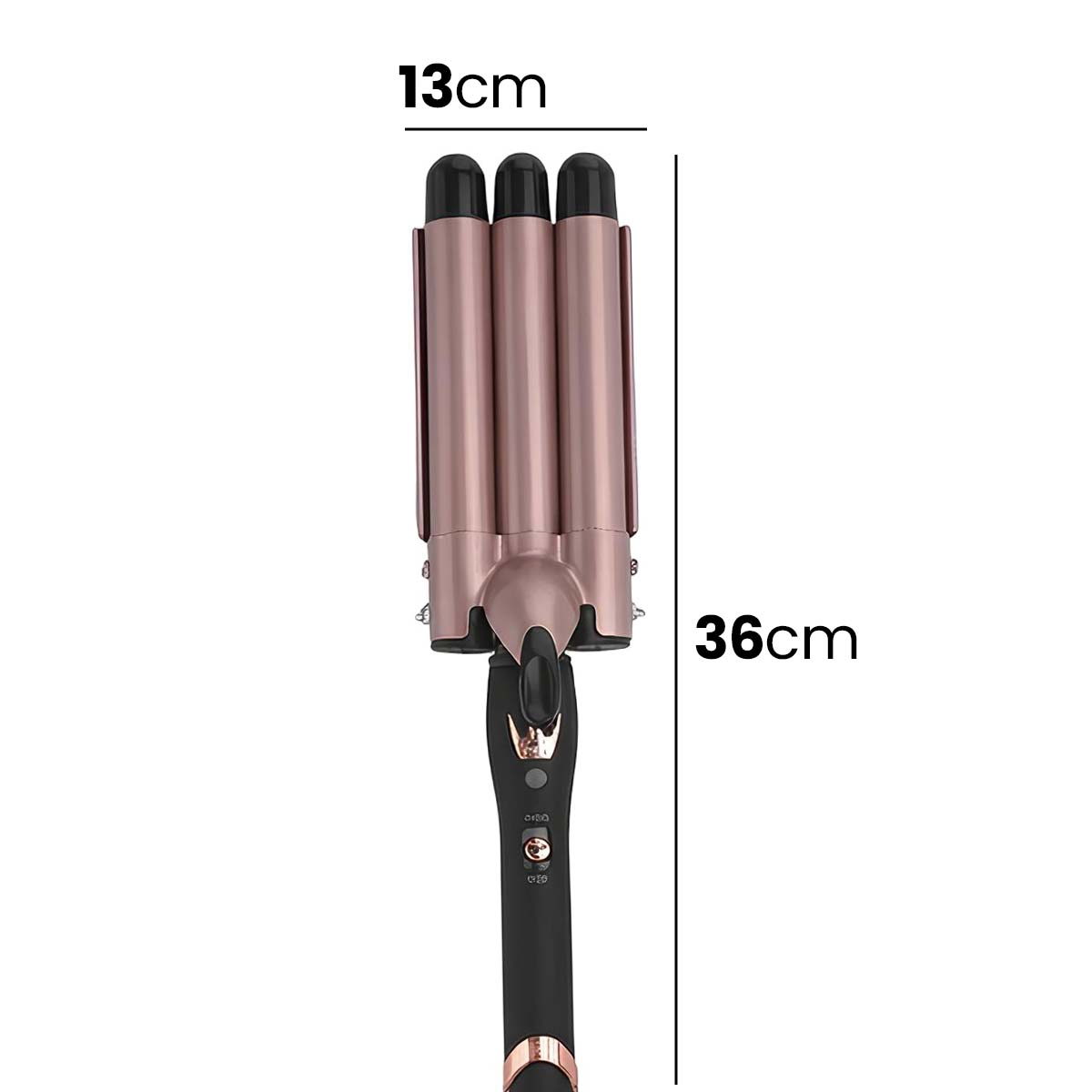 Rosafarbener Lockenstab mit drei Wellen, 13cm breit, 36cm lang.