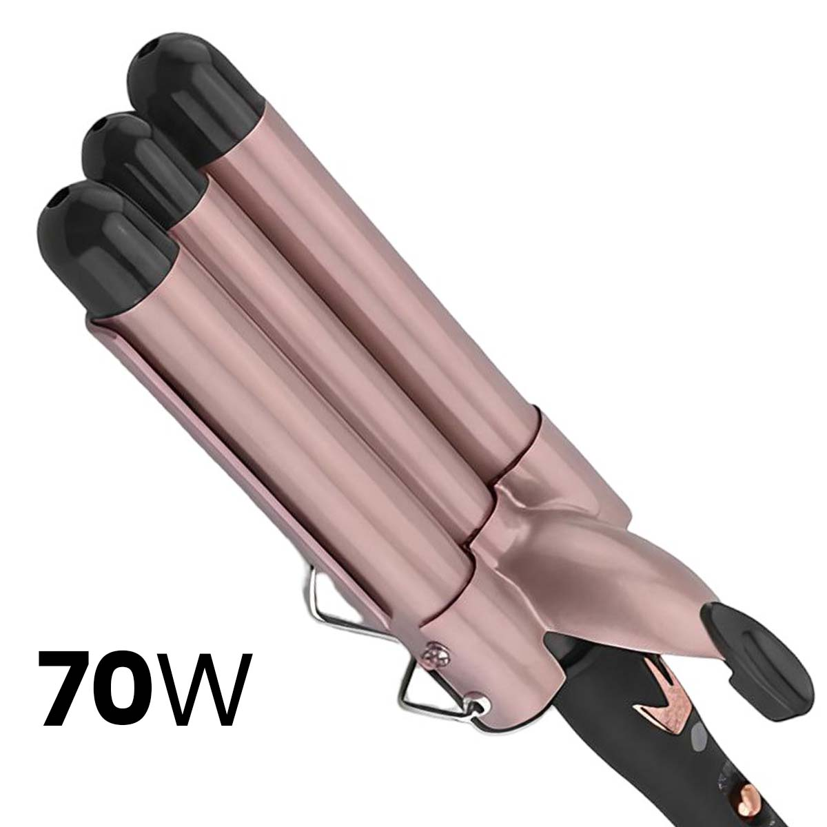 Ein roségoldener Lockenstab mit drei Läufen und schwarzen Spitzen, 70W.