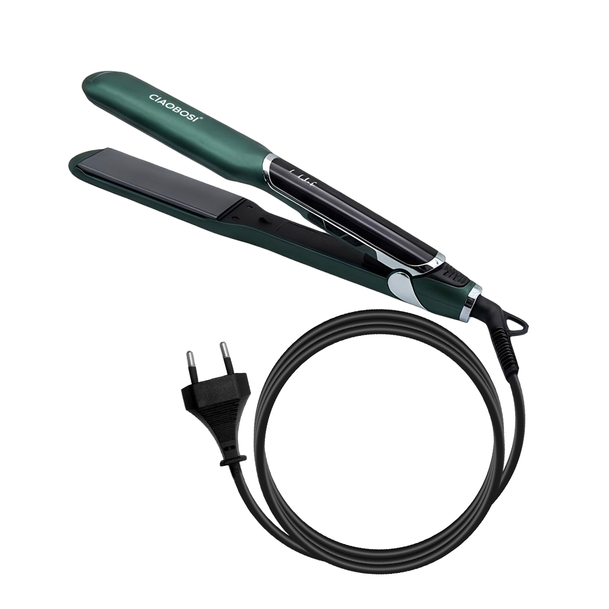 Dunkelgrüner Haarglätter mit schwarzem Kabel und Stecker.