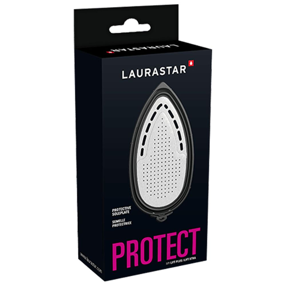 Confezione scatola nera con proteggiscarpa per ferro da stiro. Logo Laurastar.