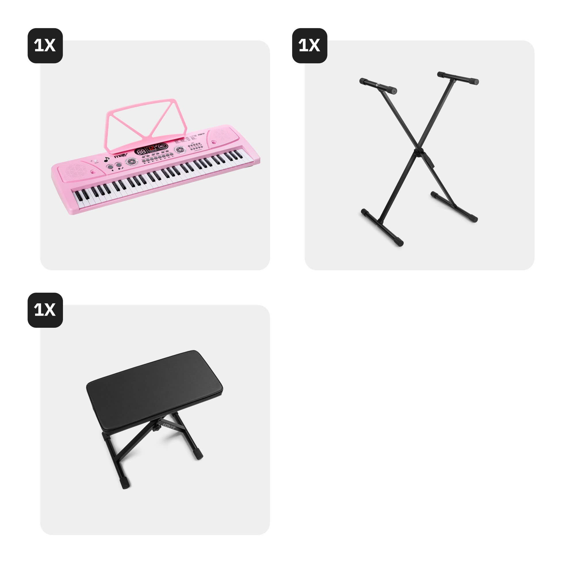 Un teclado rosa con soporte, soporte X negro y taburete negro.