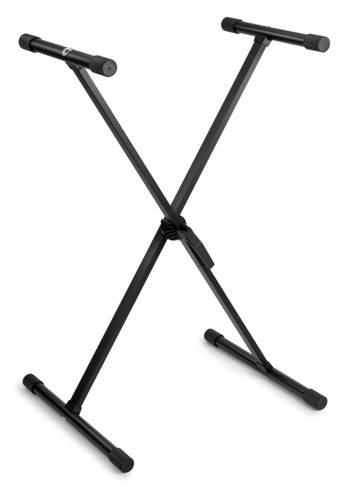 Un soporte de teclado negro en forma de X sobre fondo blanco.