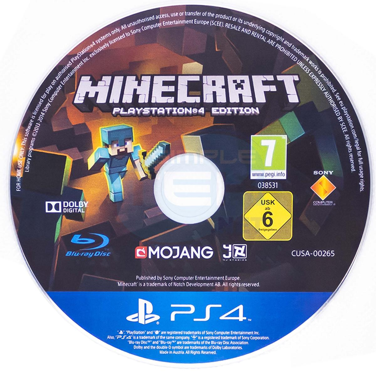 Płyta Minecraft PS4. Postać z gry Minecraft trzyma miecz. Logo PEGI 7 i USK 6.