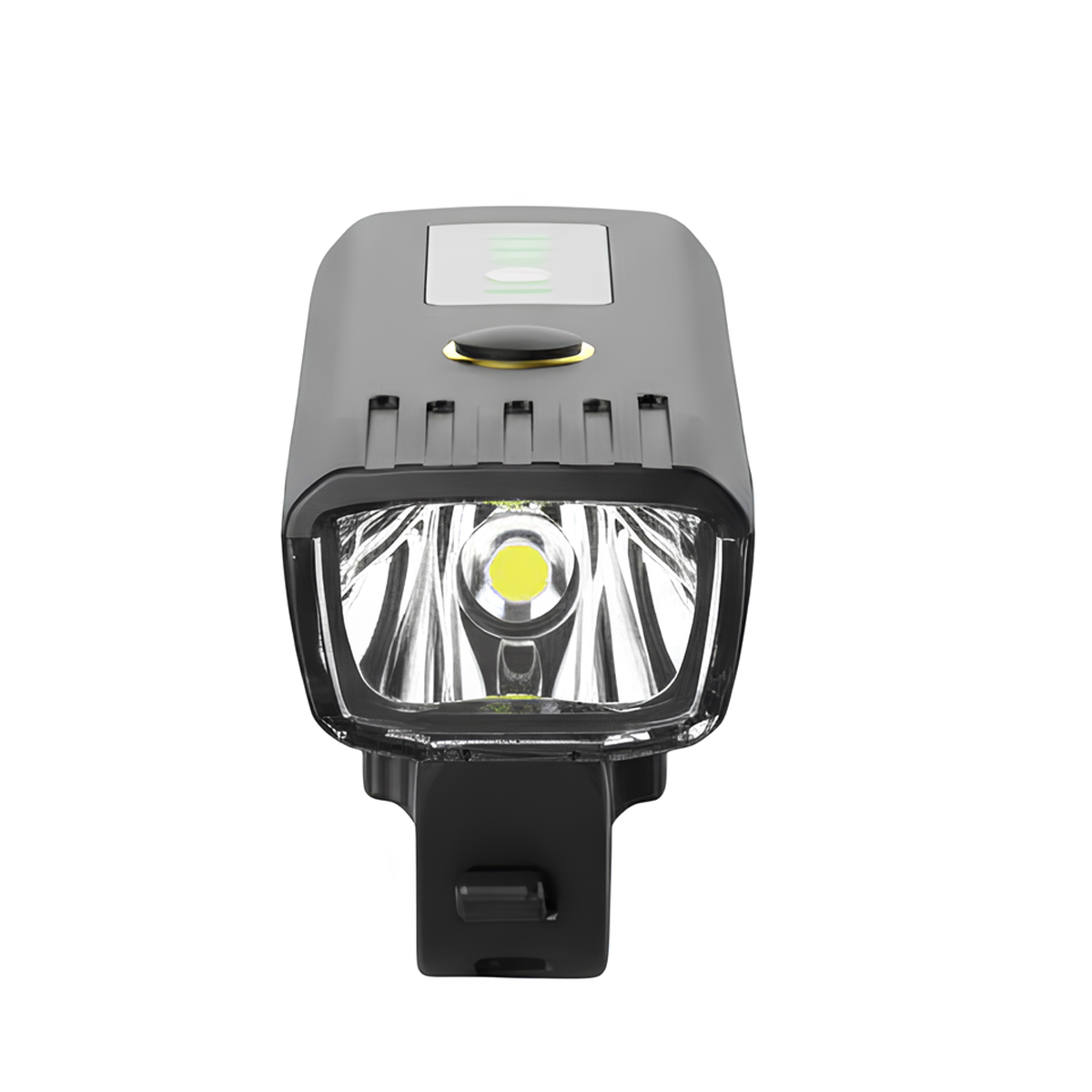 Eine schwarze Fahrradlampe mit einer LED und einem silbernen Reflektor.