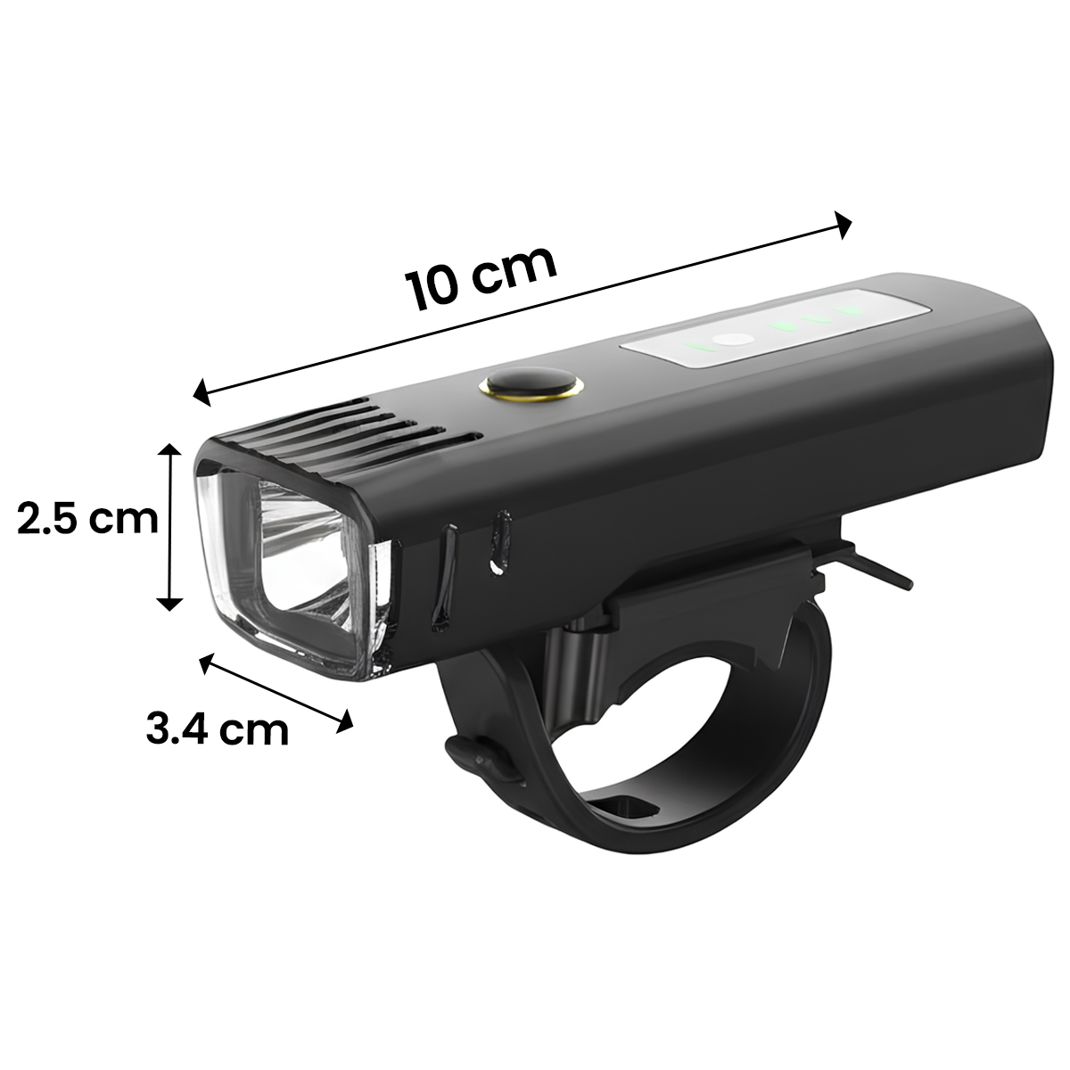 Schwarzes Fahrradlicht mit Maßen 10x3,4x2,5 cm und einer Halterung.