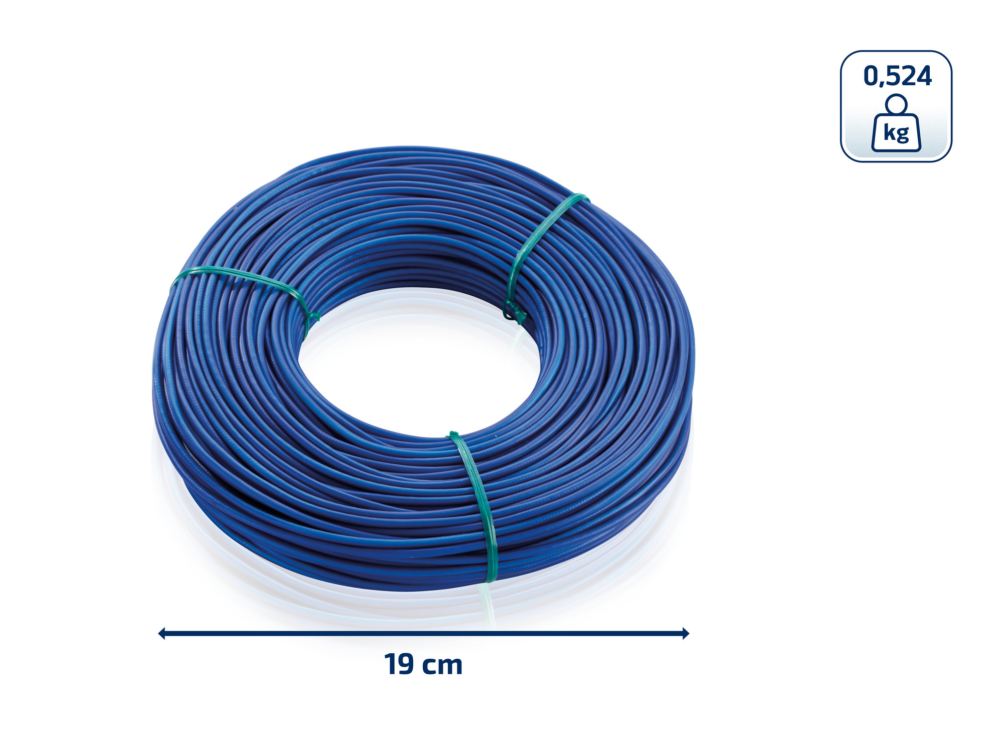 Eine Rolle blauer Kabel, 19 cm Durchmesser, 0,524 kg.