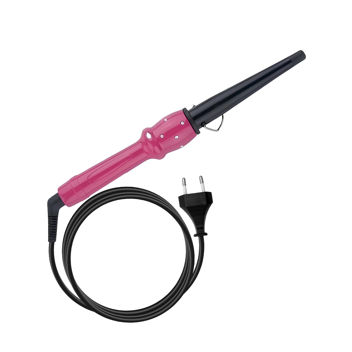 Ein pinker Lockenstab mit schwarzem Kabel und Stecker auf weißem Grund.