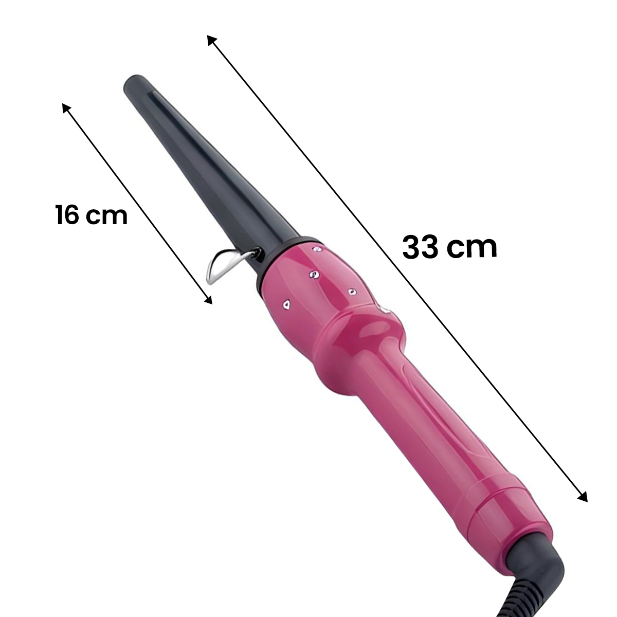 Pinker Haarkonus mit schwarzer Spitze, 16 cm und 33 cm Maße.