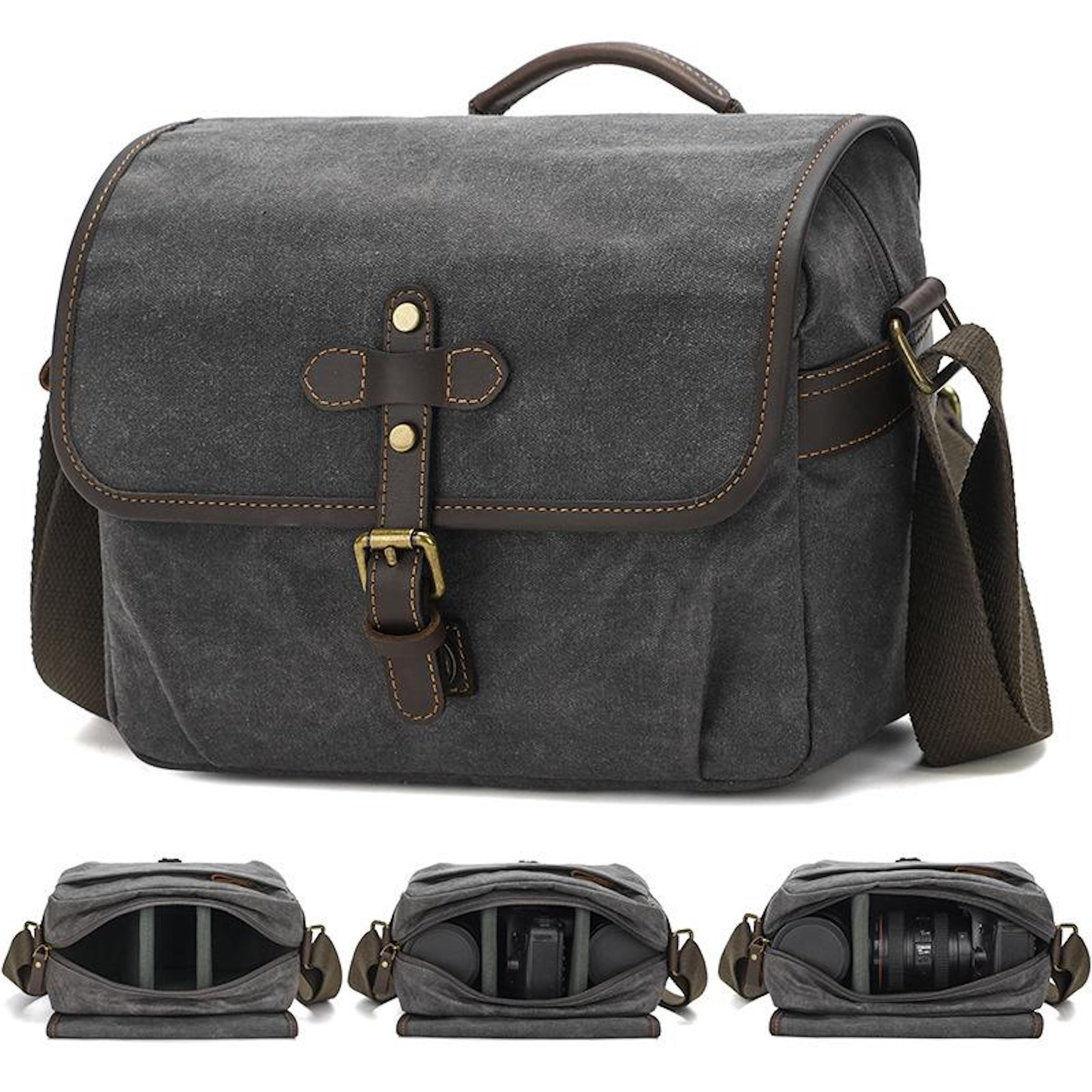 Dunkelgraue Canvas-Tasche mit braunen Lederdetails und Schnallen.