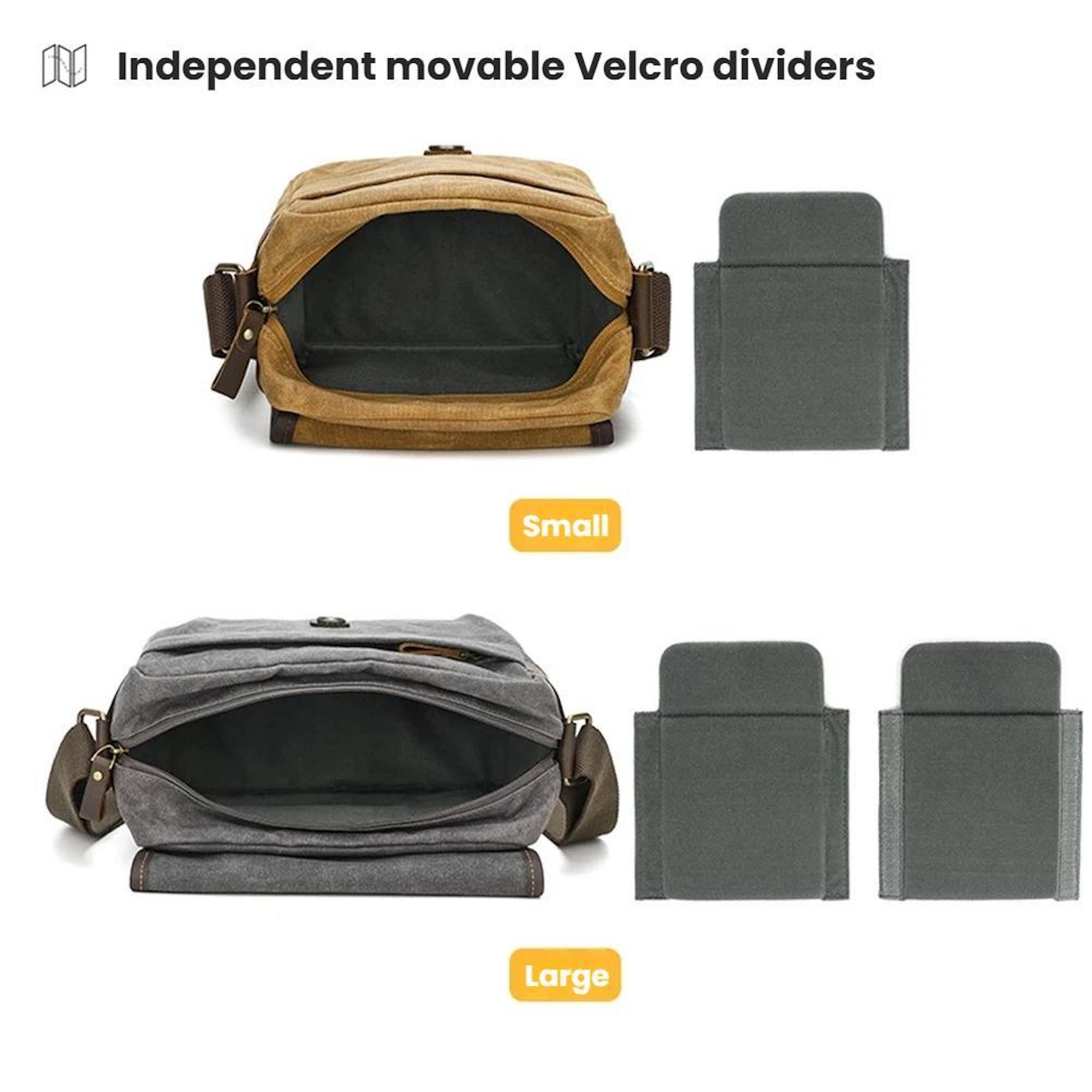 Zwei Canvas-Taschen, klein und groß, mit separaten grauen Trennwänden.