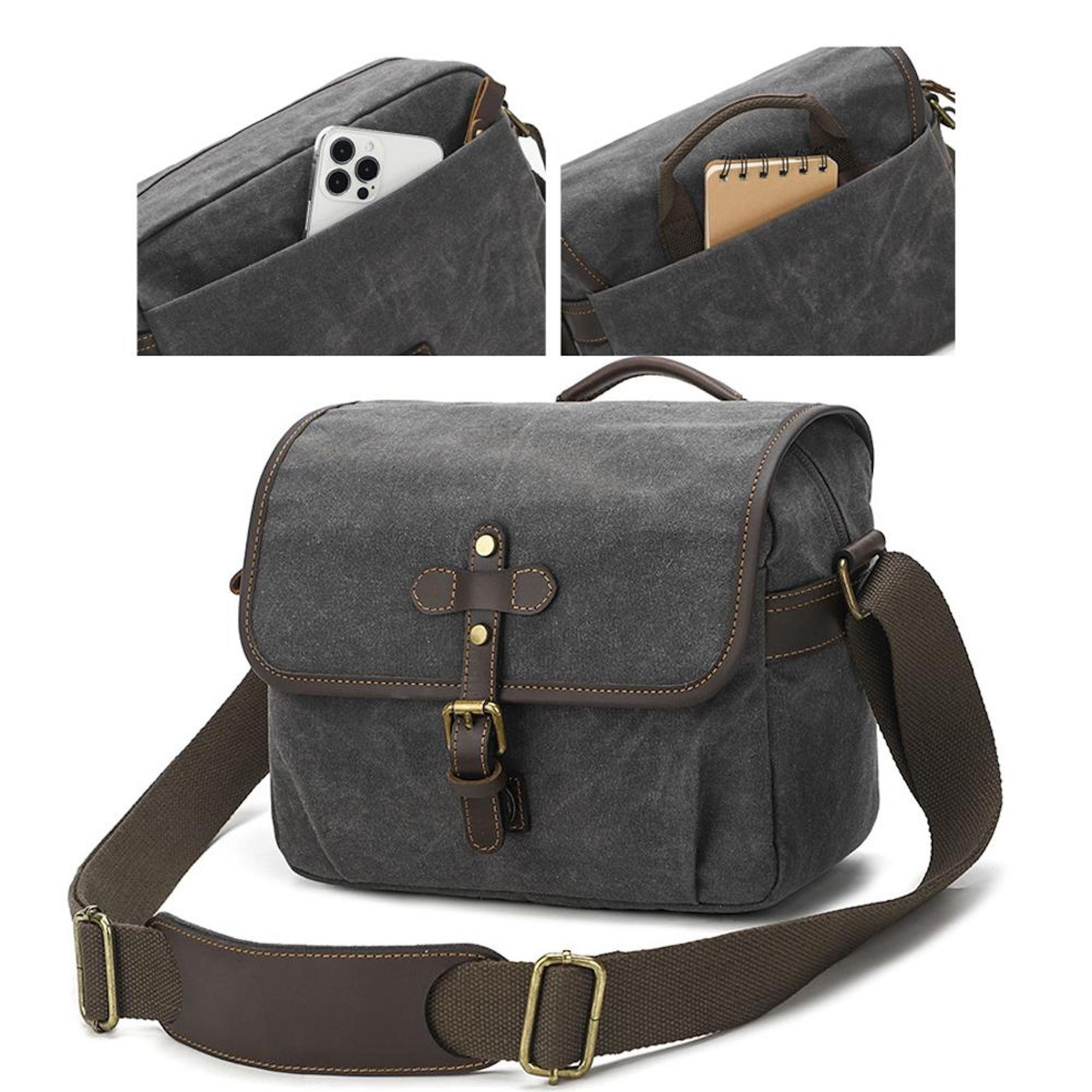 Graue Canvas-Tasche mit braunen Lederdetails, verstellbarem Gurt.