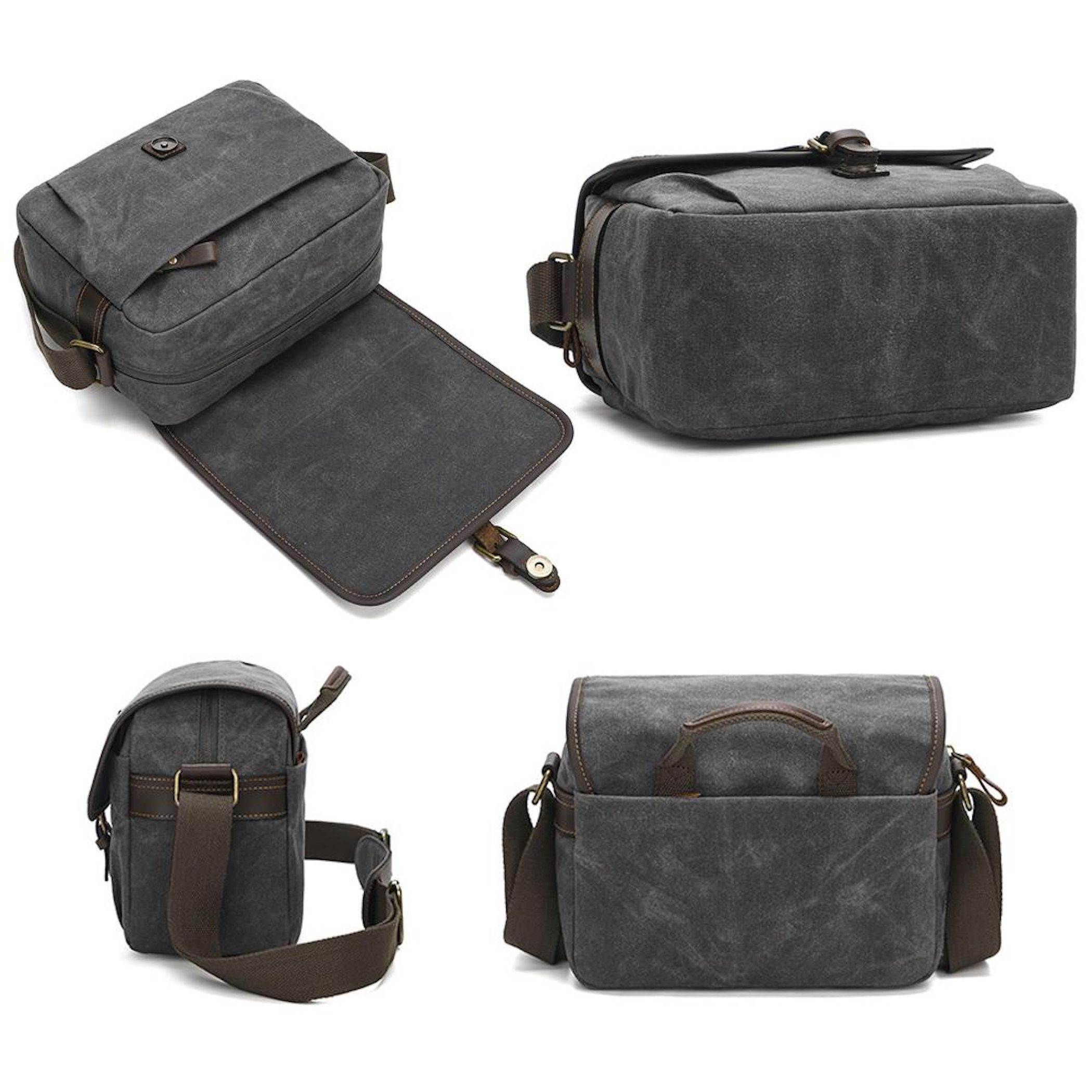 Graue Canvas-Tasche mit Lederdetails, verschiedene Ansichten.