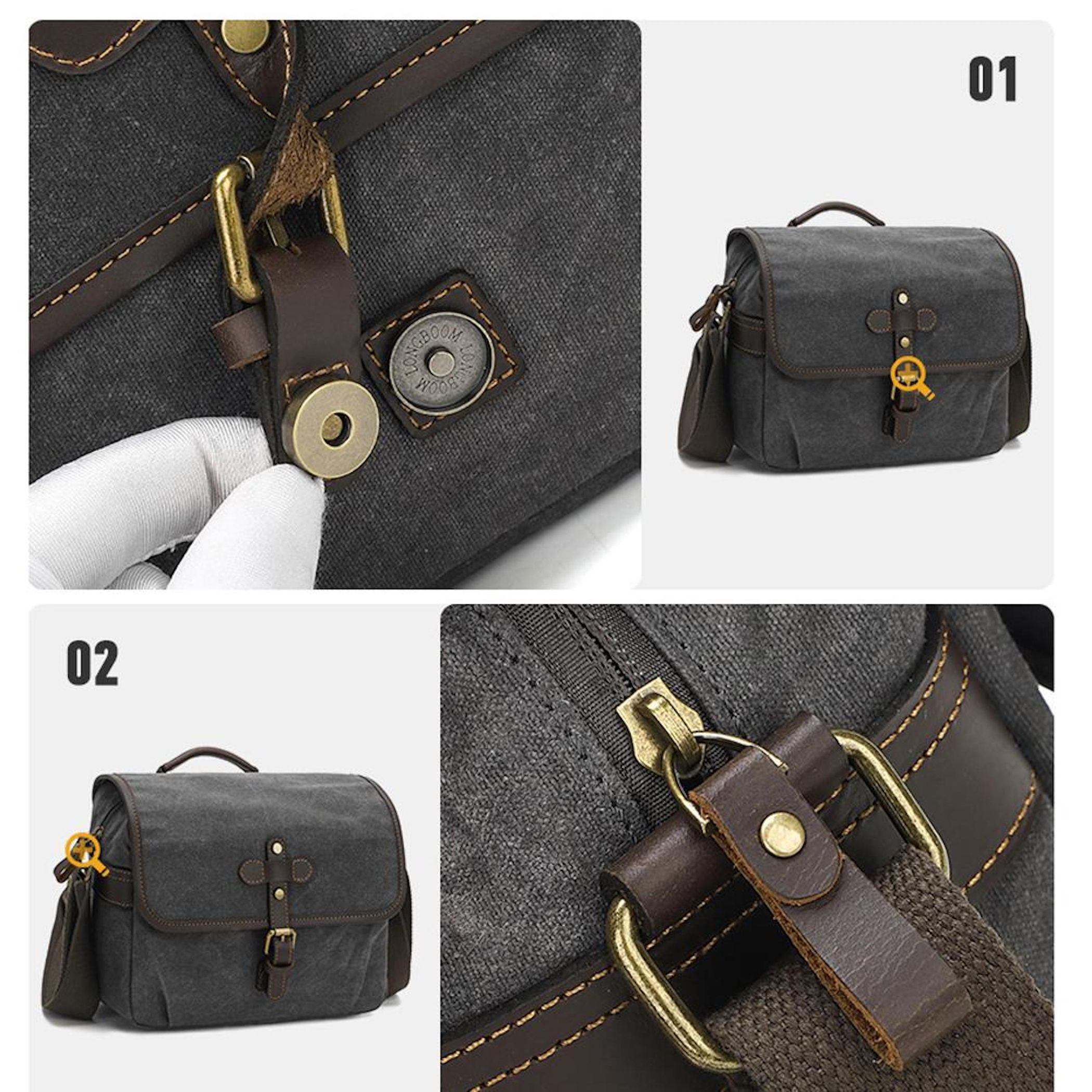 Drei Ansichten einer dunklen Canvas-Tasche mit Lederdetails und Messingbeschlägen.