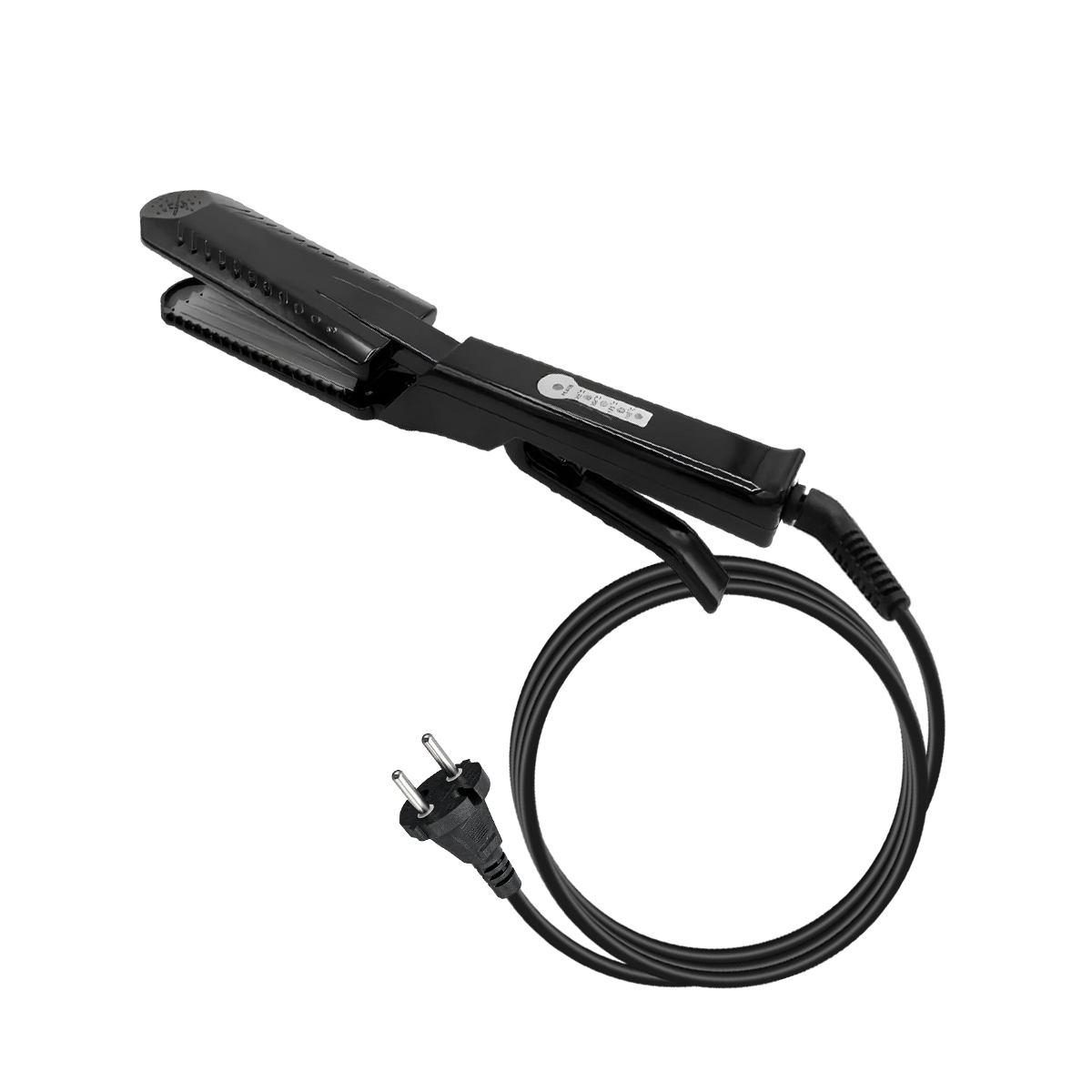 Schwarzer Haarglätter mit Kabel und Stecker auf weißem Hintergrund.