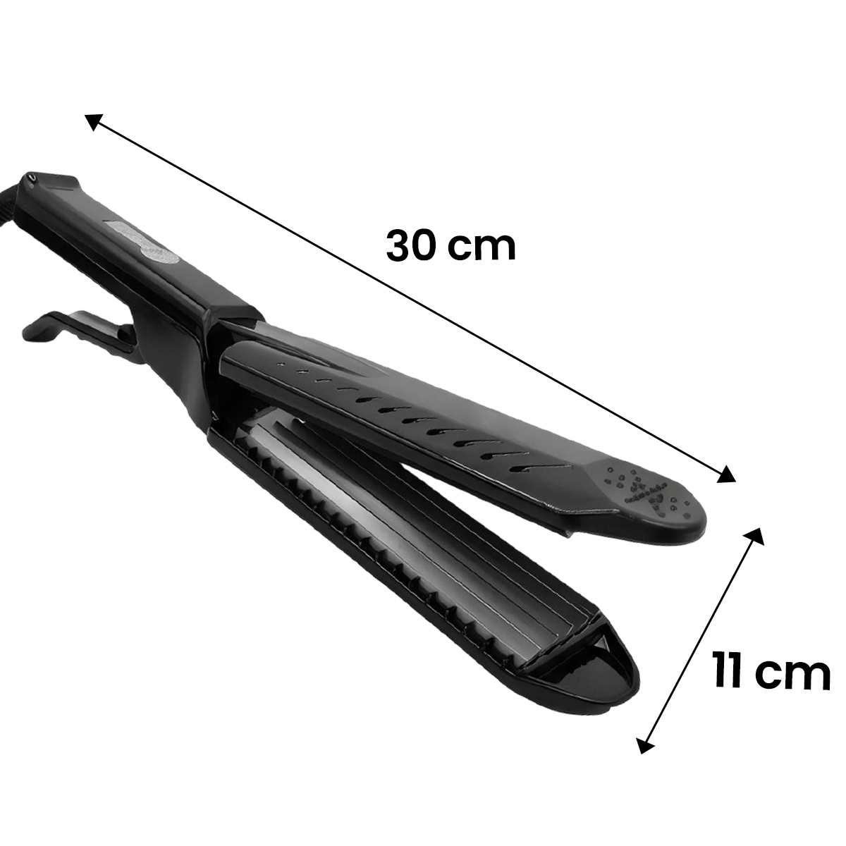Schwarzer Haarglätter mit 30 cm Länge und 11 cm Breite, geöffnet.